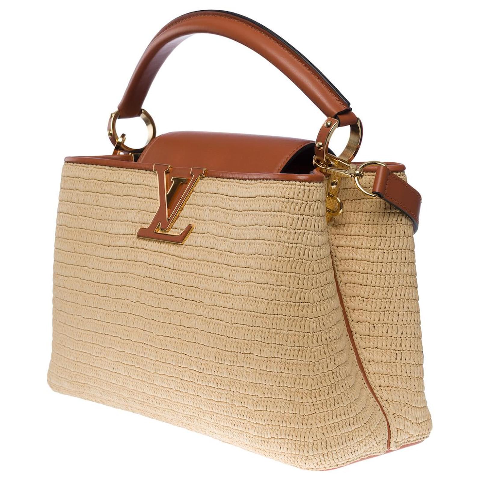 Louis Vuitton Caramel Leather and Beige Raffia Capucines MM For