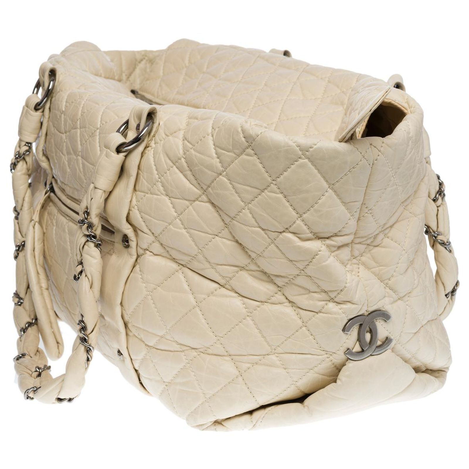 Chanel tote bag xl in ivory quilted leather - 100360 Cream ref.855421 ...