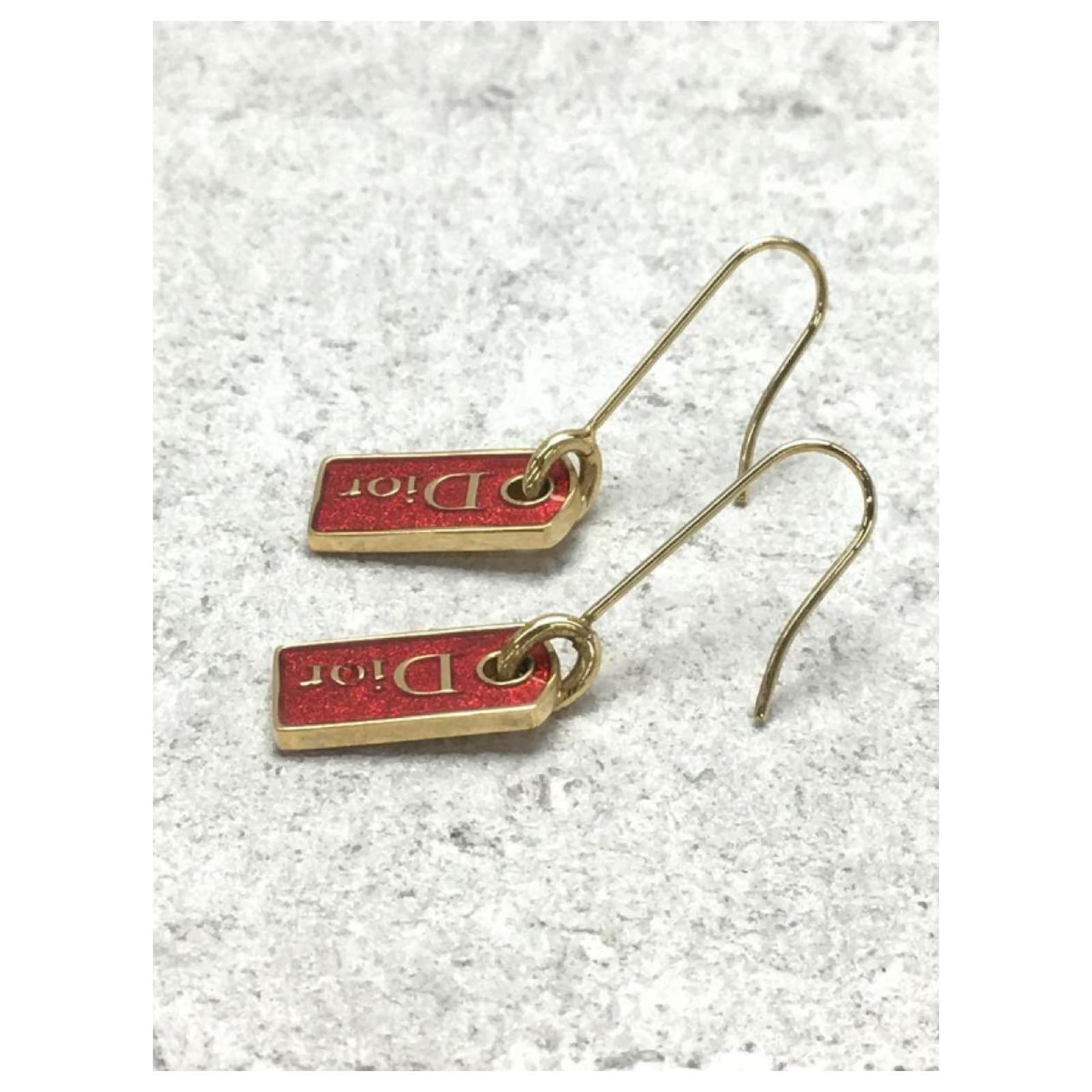 Christian Dior Plate Logo Earrings Red Gold hardware Gold-plated