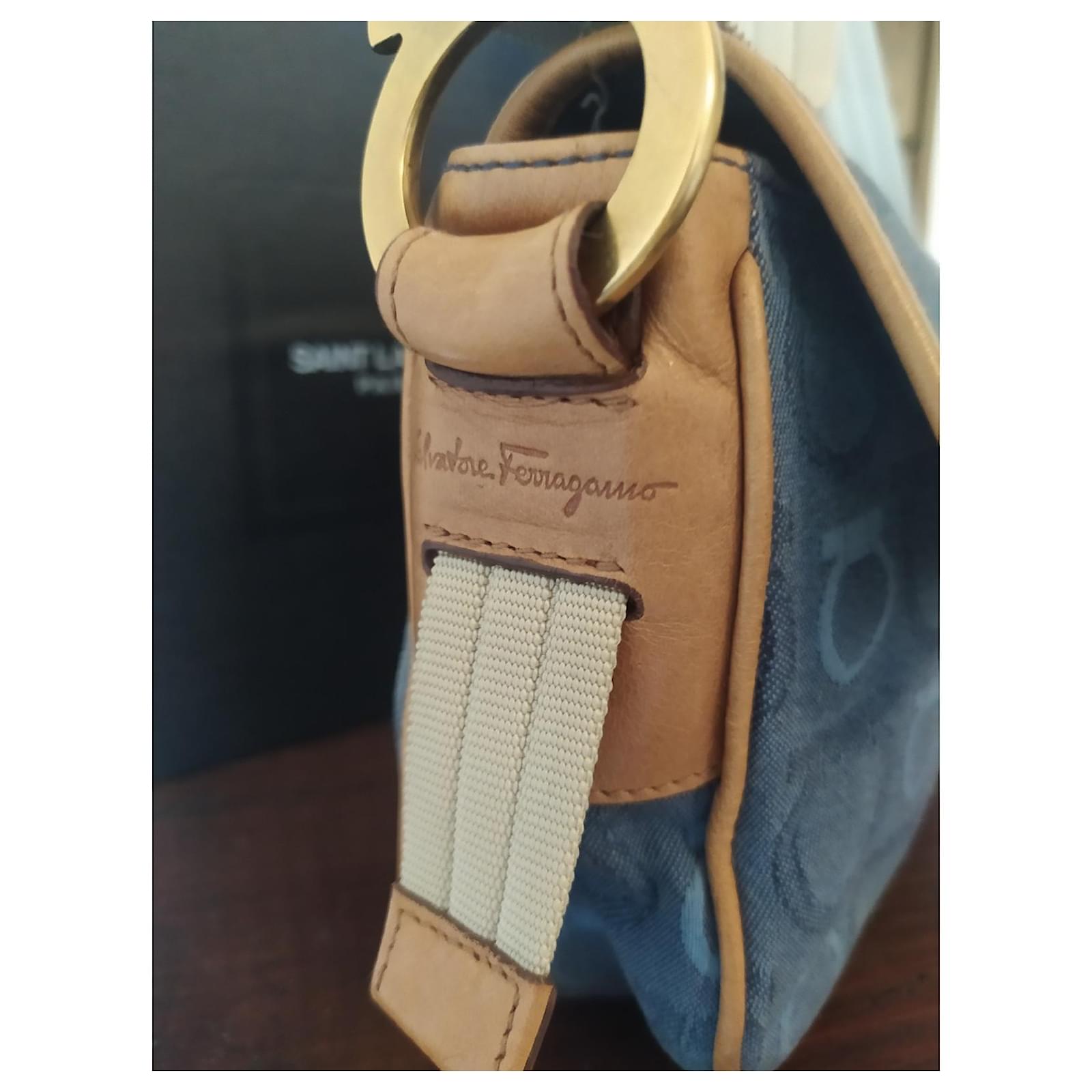 Salvatore Ferragamo Ferragamo denim baguette bag with Gancini pattern Blue  Caramel Light blue Gold hardware Leather ref.858655 - Joli Closet