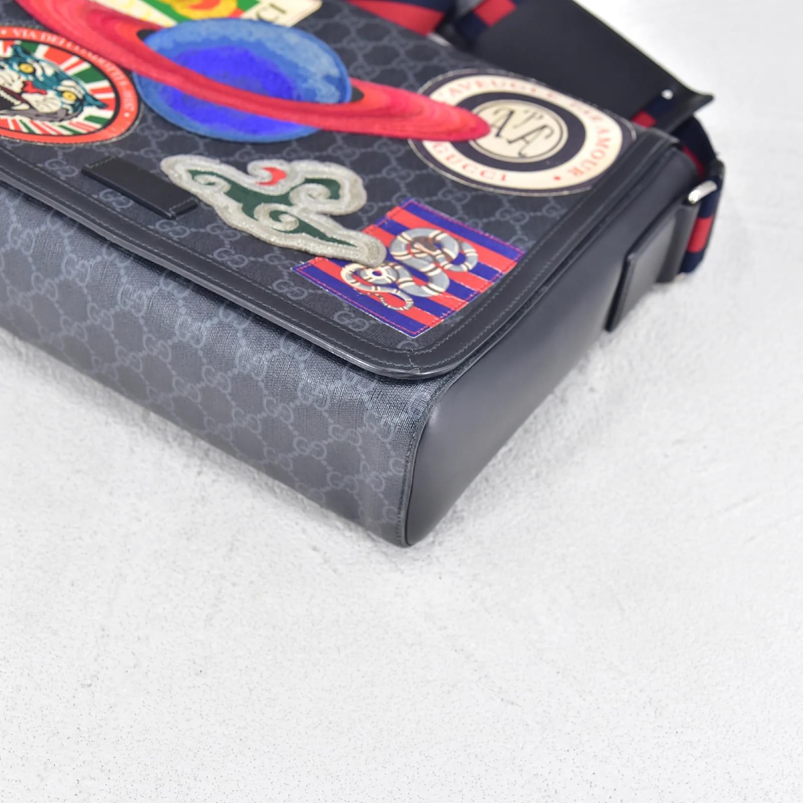 Gucci GG Supreme Monogram Web Flap Messenger Bag Black 