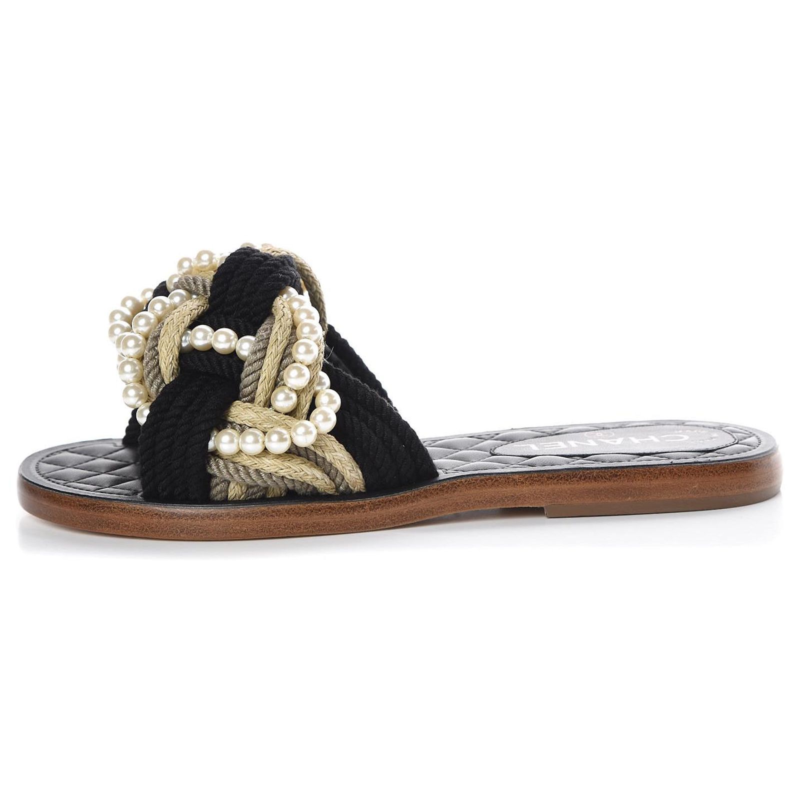 Chanel Pearl Rope Mules Black White Beige Grey Leather ref.870357 ...