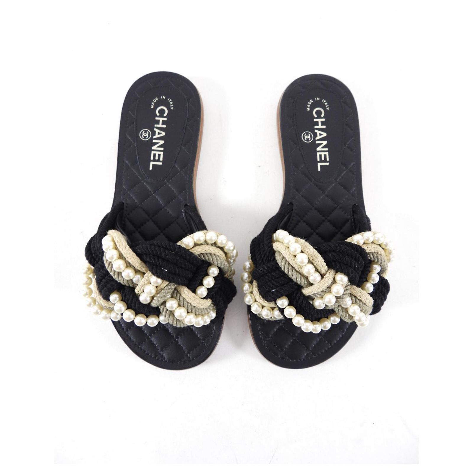 Chanel Pearl Rope Mules Black White Beige Grey Leather ref.870357 ...