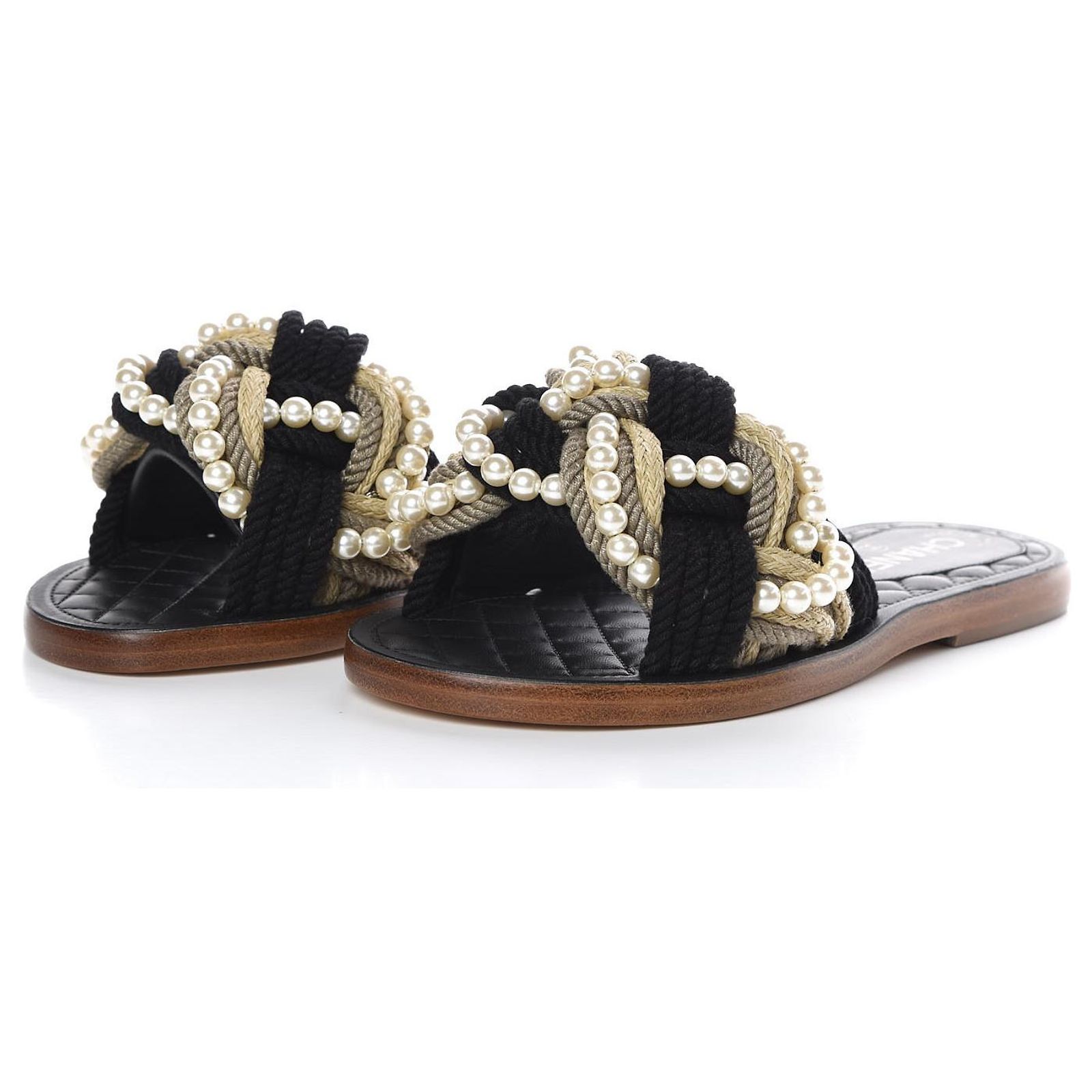 Chanel Pearl Rope Mules Black White Beige Grey Leather ref.870357 ...
