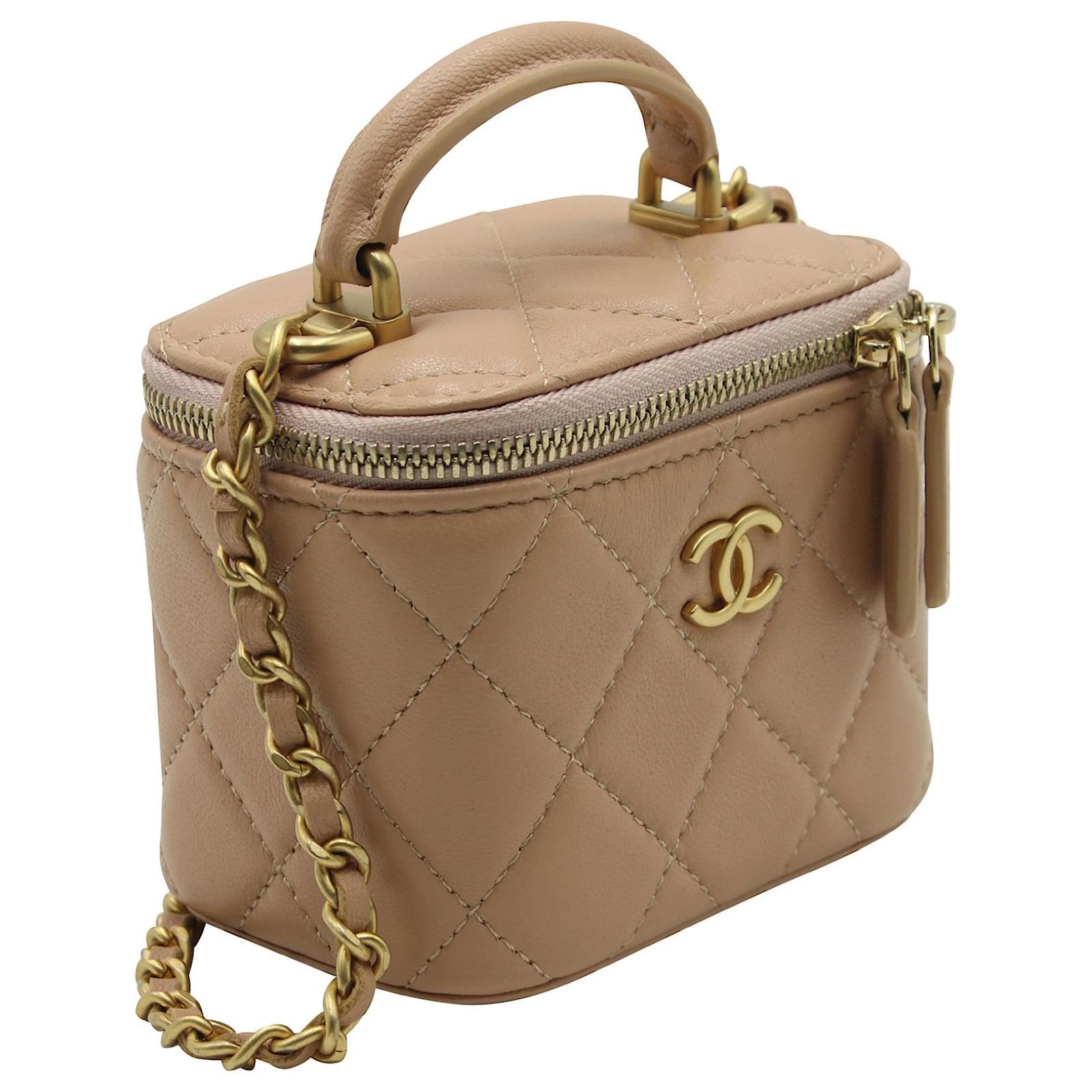 Chanel Pearl Crush Vanity Case With Chain Lambskin Beige Gold - NOBLEMARS