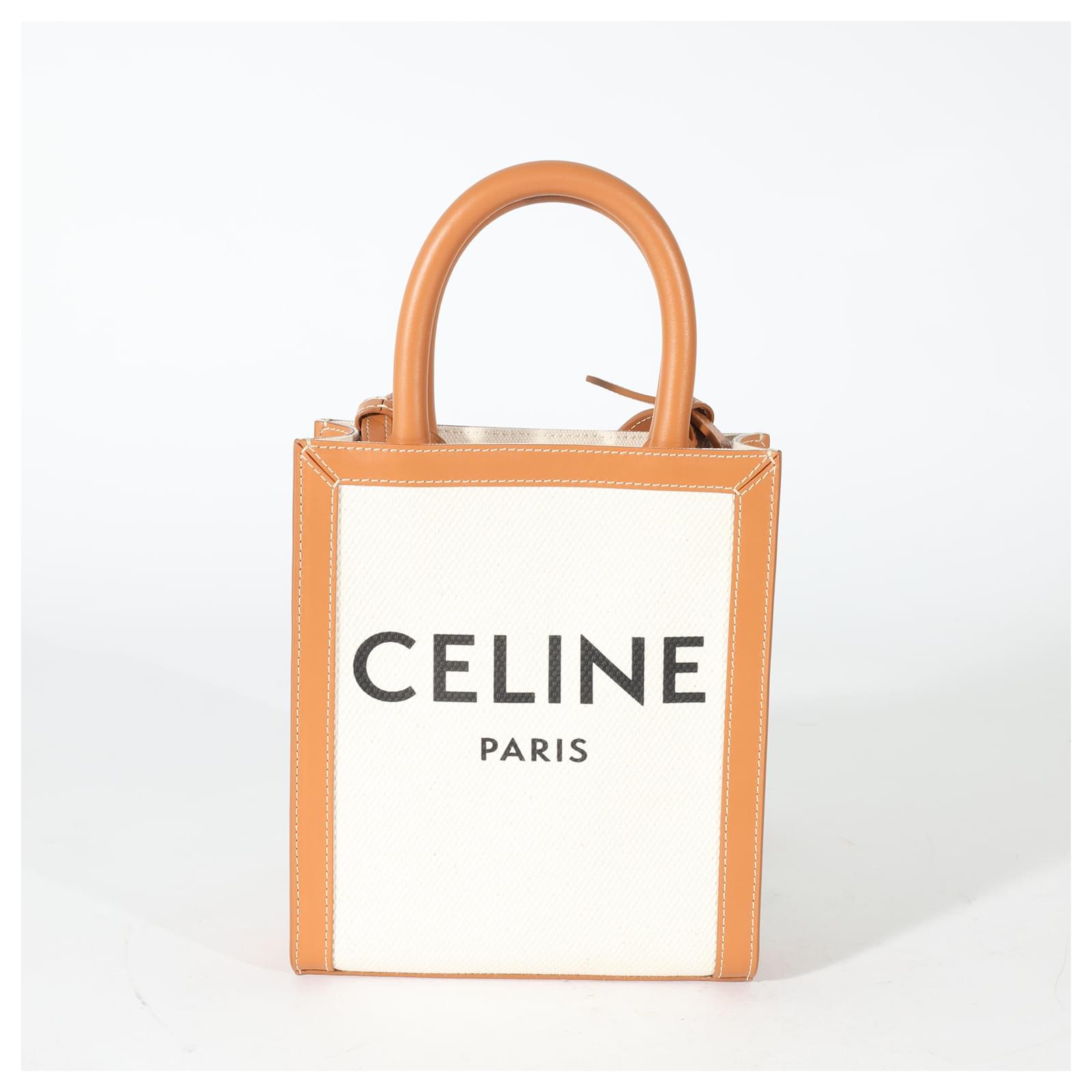 Celine Natural Canvas & Tan Calfskin Small Vertical Cabas