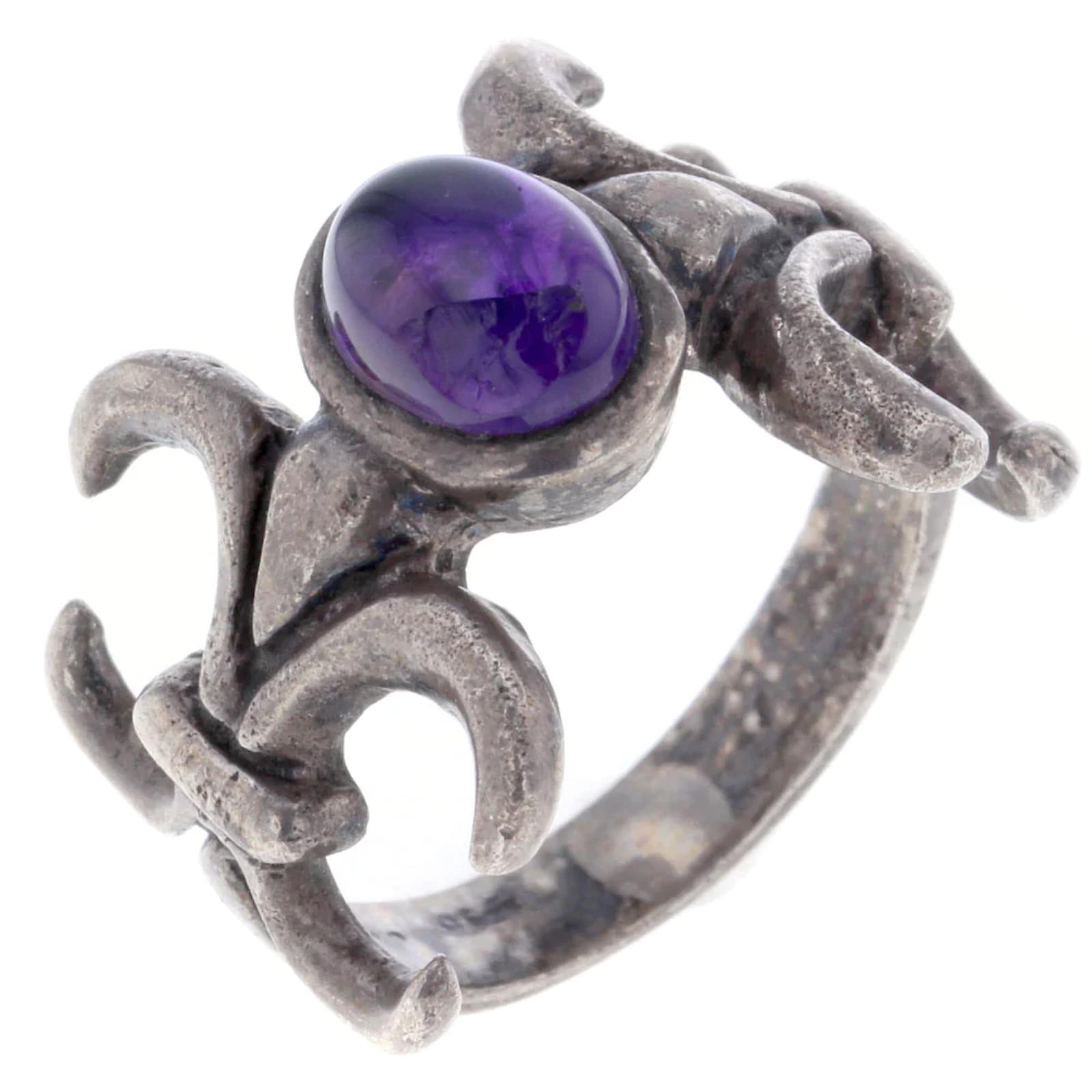Bague En Argent Massif Avec Pierres Violettes - Tour Complet - Taille 49 - Occasion