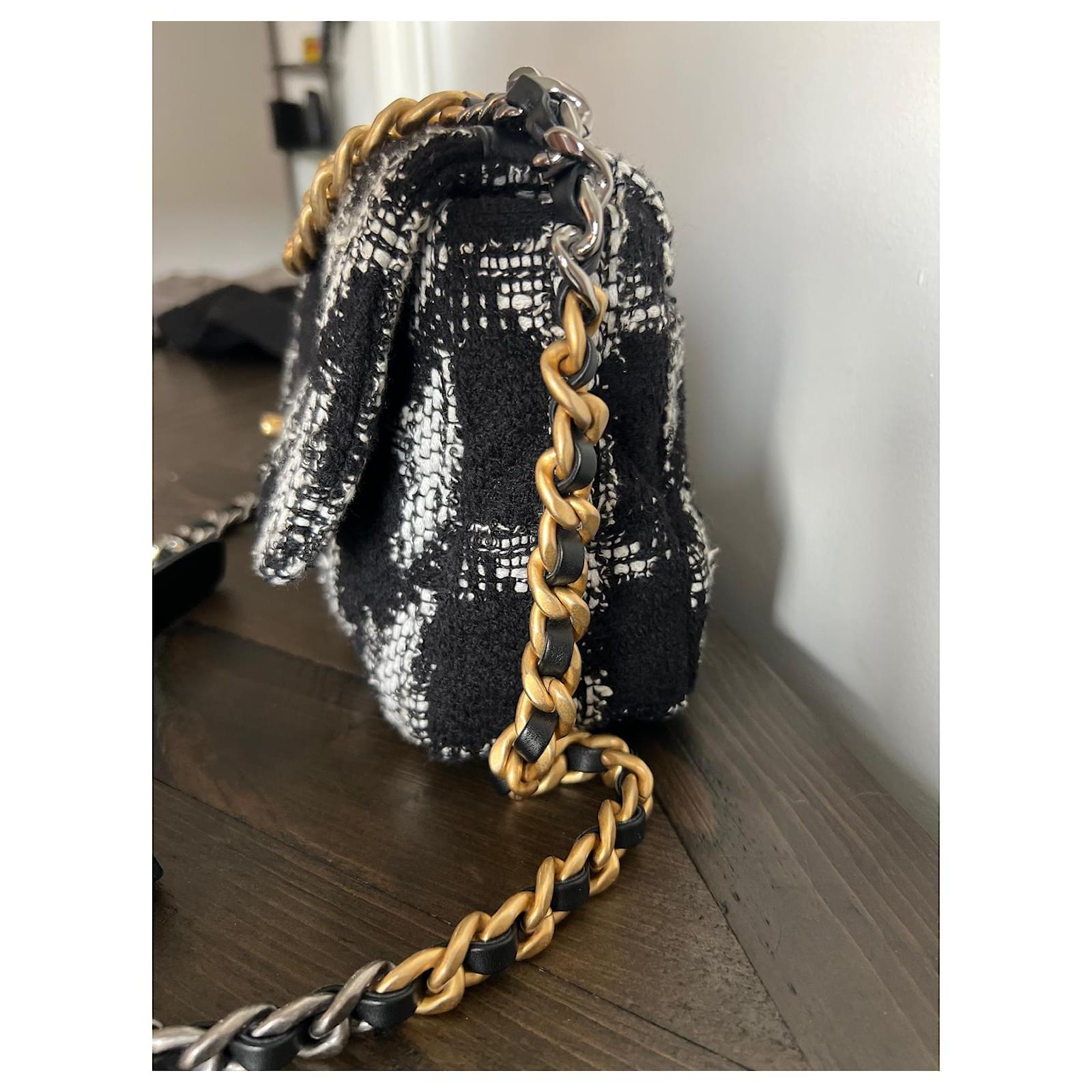 Chanel Tweed Quilted Large Chanel 19 Flap Black White