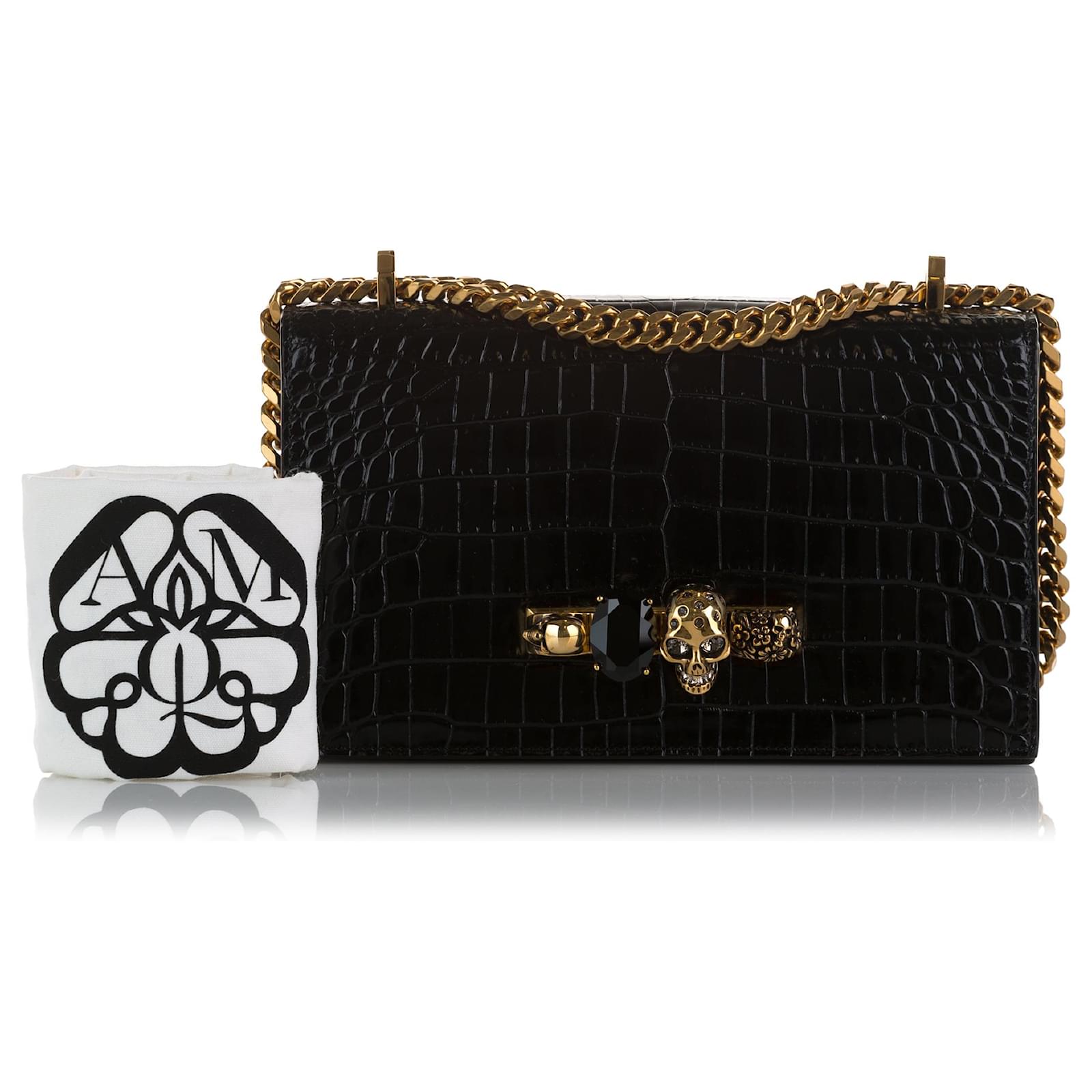 Alexander McQueen Black Jewelled Croc Embossed Satchel