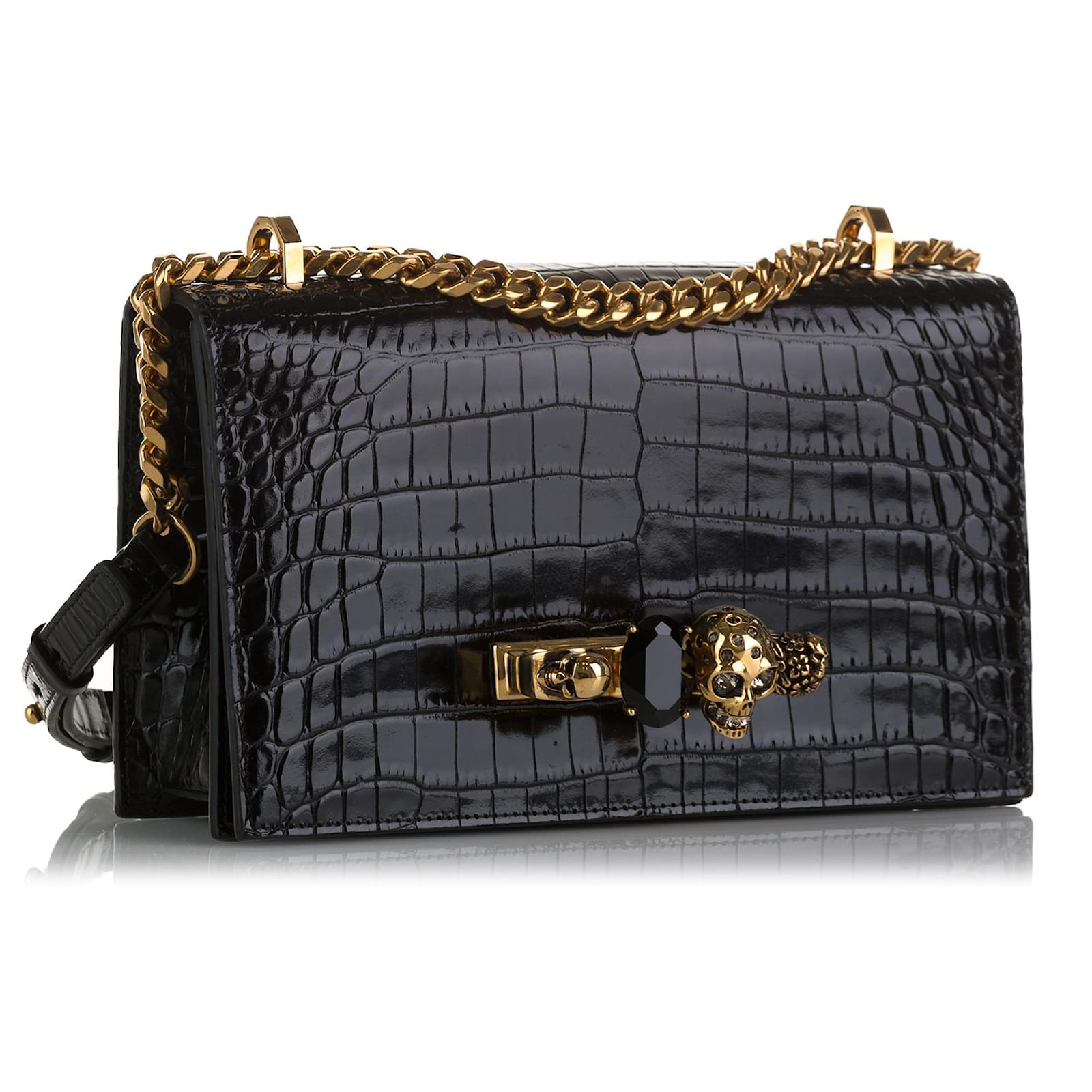 Alexander McQueen Black Jewelled Croc Embossed Satchel