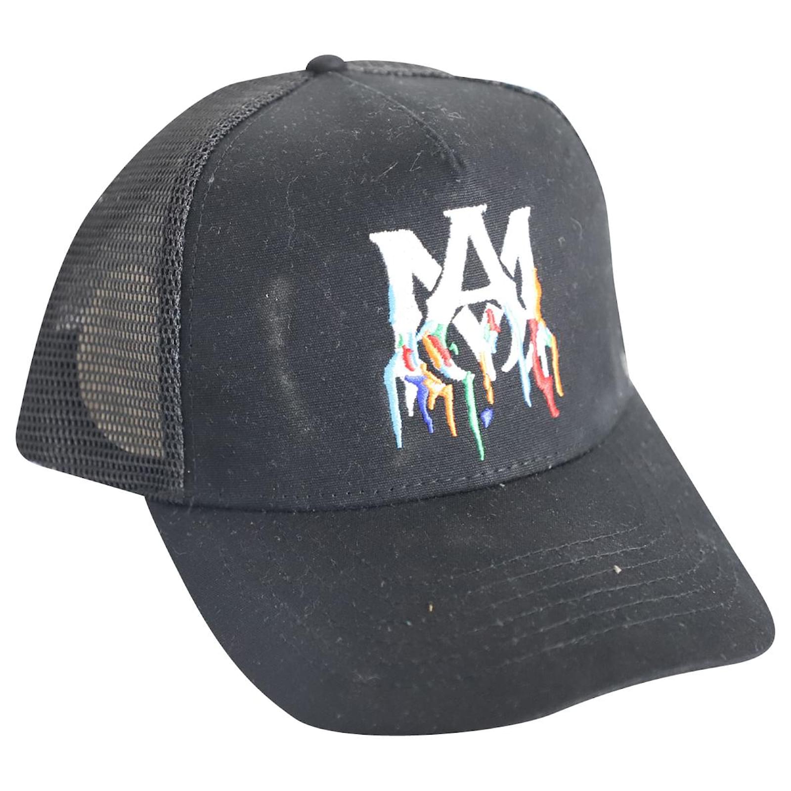 Amiri Paint Drip Ma Logo Trucker Hat in Black Cotton