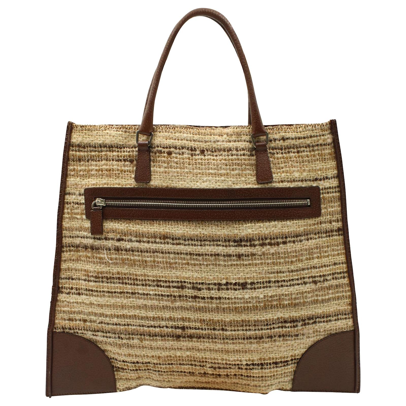 Prada Two Tone Woven Tote Bag in Brown