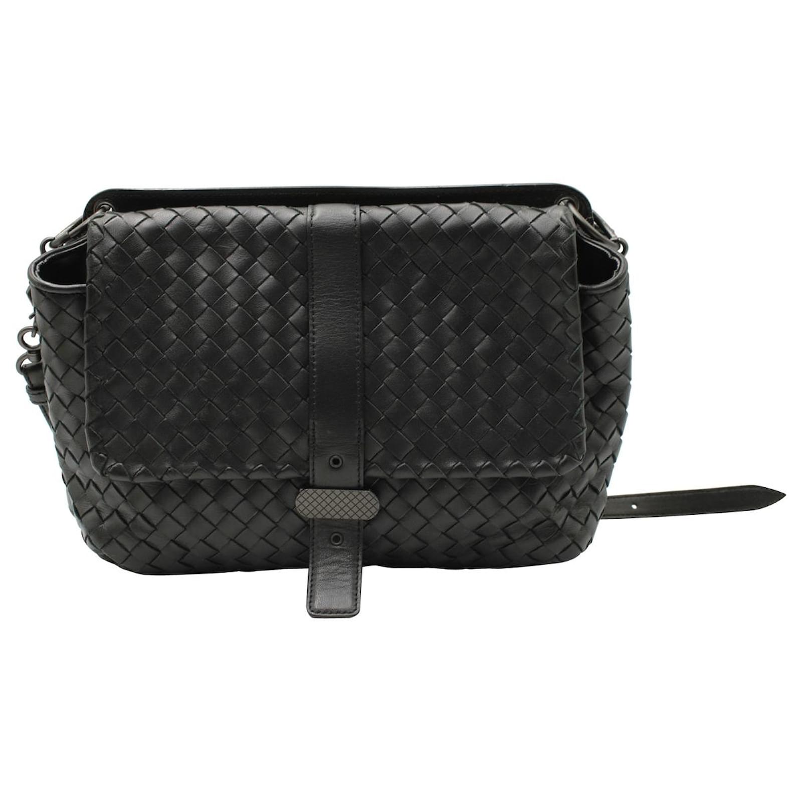 Bottega Veneta Intrecciato Leather Double Flap Bag Black