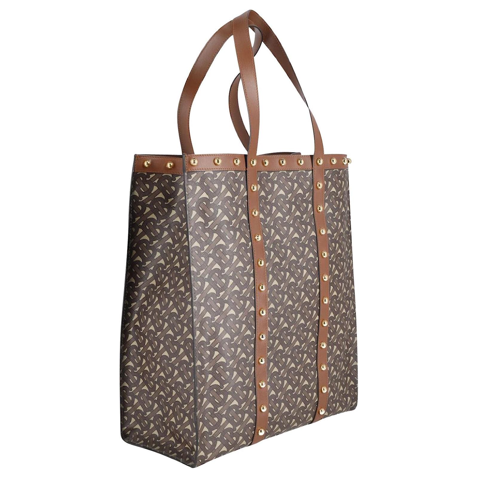 BURBERRY: e-canvas tote bag with monogram print - Brown