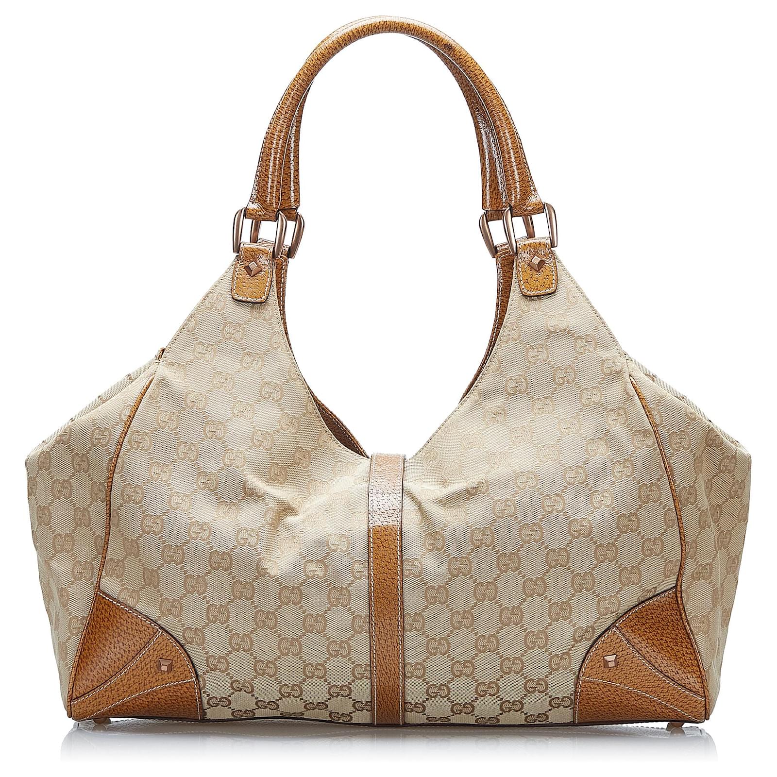 Gucci Brown GG Canvas Nailhead Jackie Bardot Beige Cloth