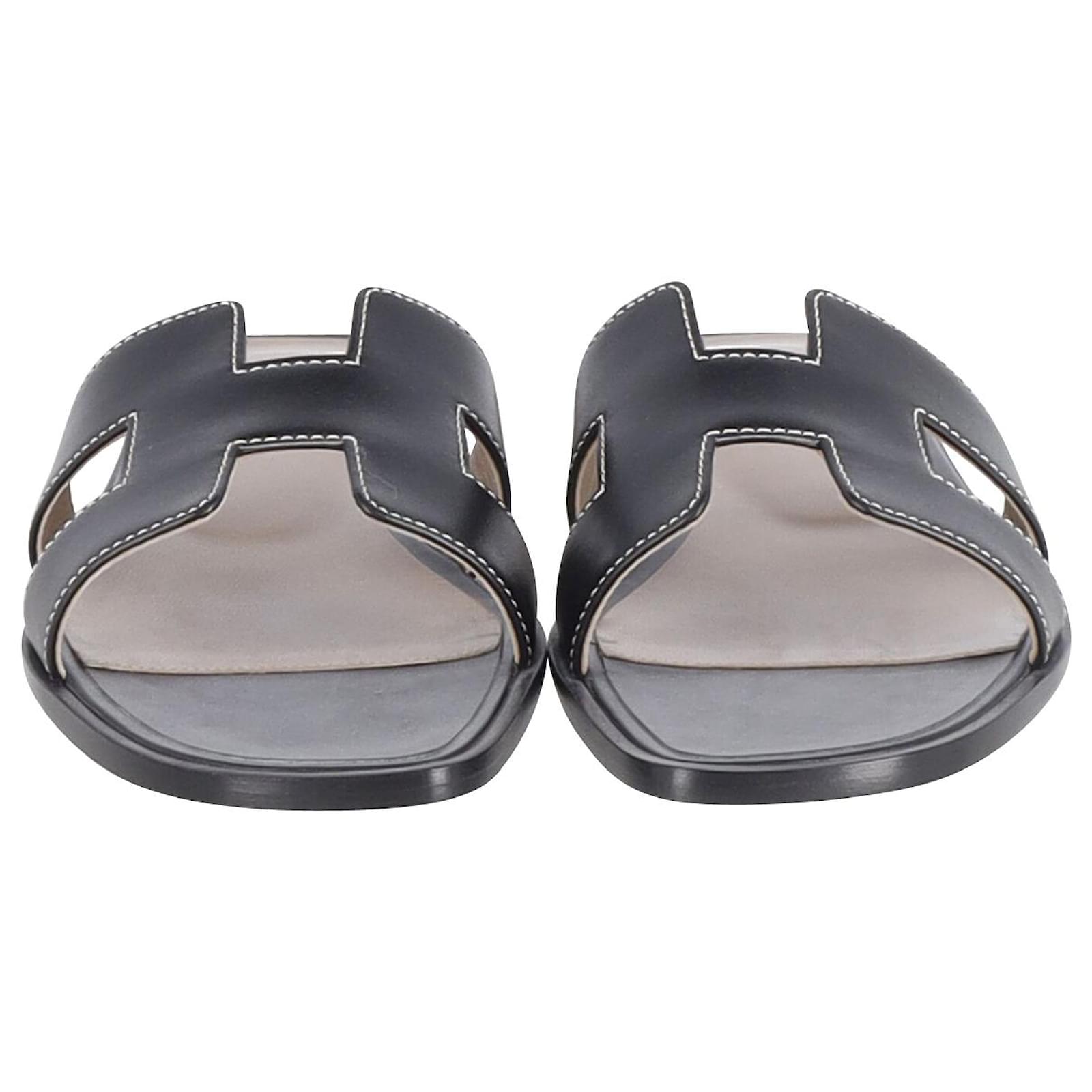 Hermès Sandales Plates Hermes Oran en Cuir Noir ref.900472 Joli Closet