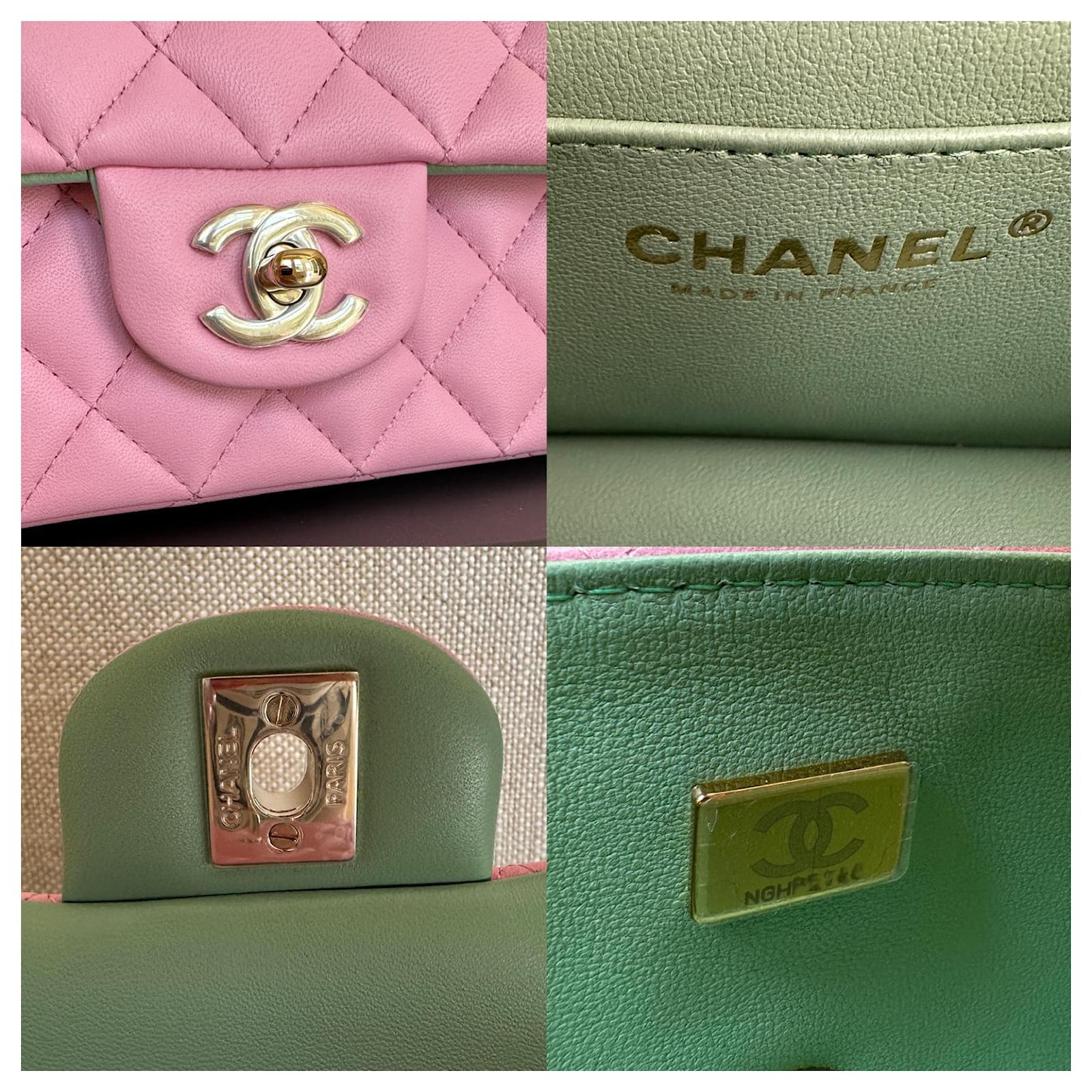 Chanel Mini Flap Bag Top Handle Lambskin Mint Green Champagne