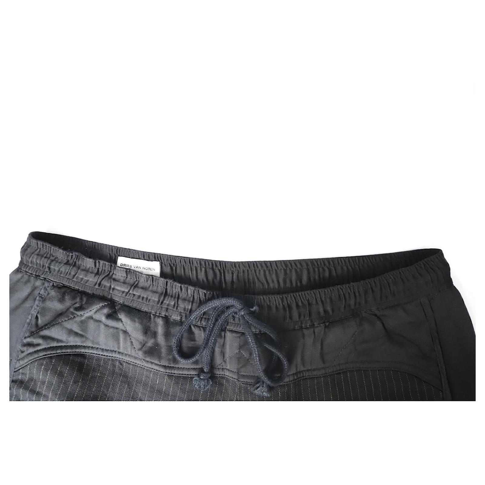 Dries Van Noten Pin Stripe Drawstring Pants in Black Cotton Linen
