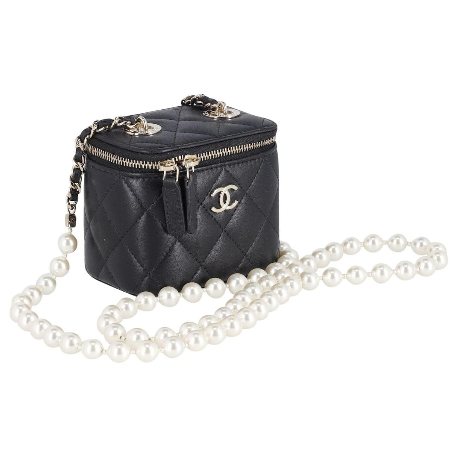 Handbags Chanel Chanel Quilted Vanity Case With Pearl Strap in Black Lambskin Leather