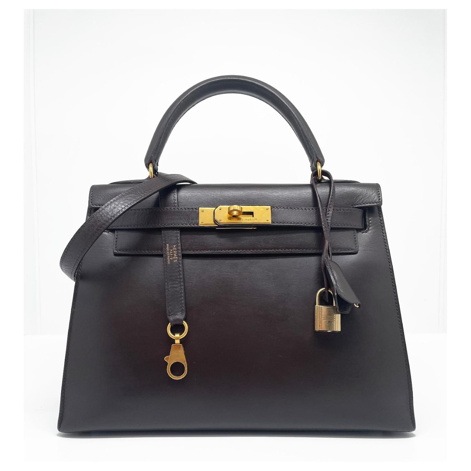 HERMES Kelly Sellier 28 Box Leather Satchel Bag Black