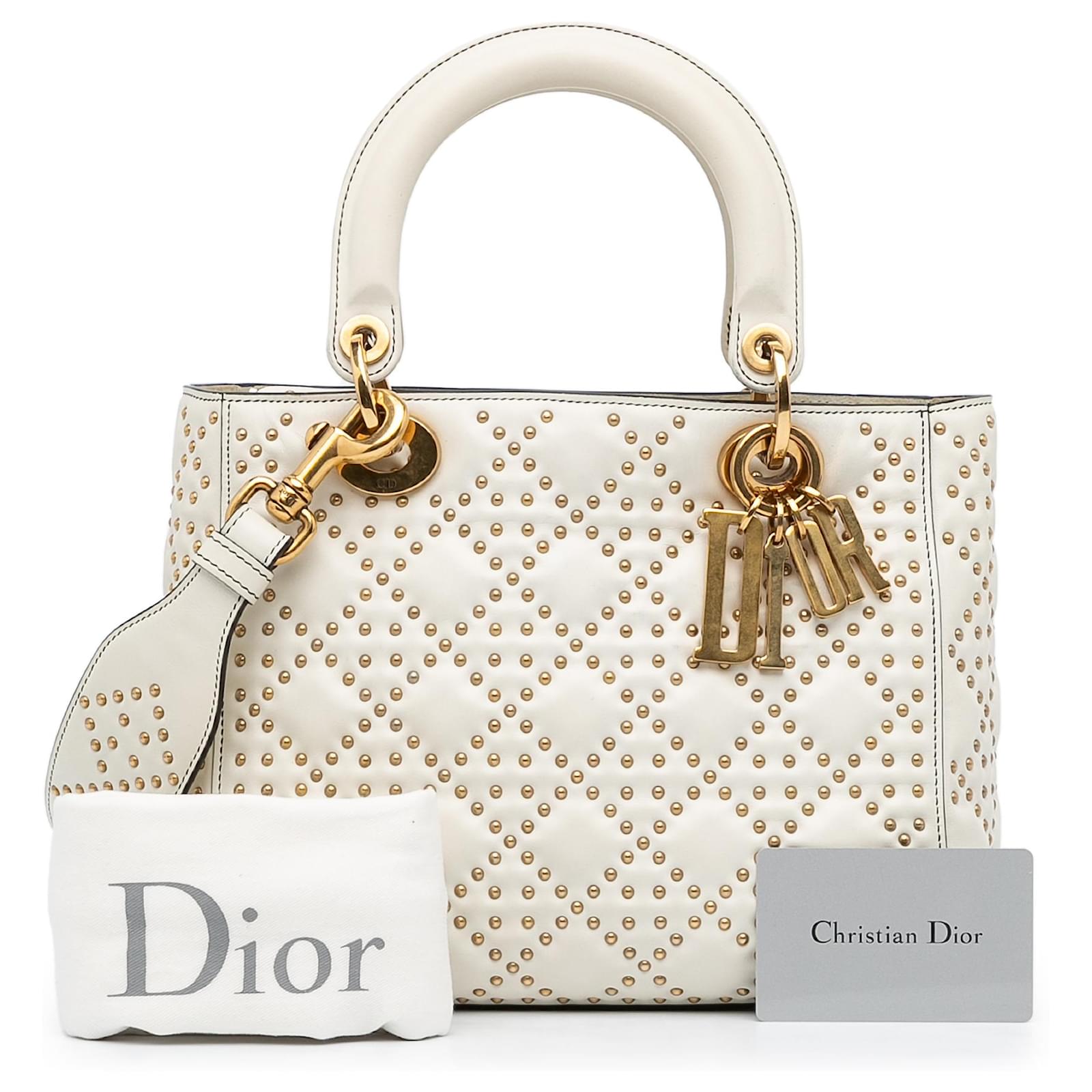 CHRISTIAN DIOR Lambskin Studded Cannage Medium Lady Dior White