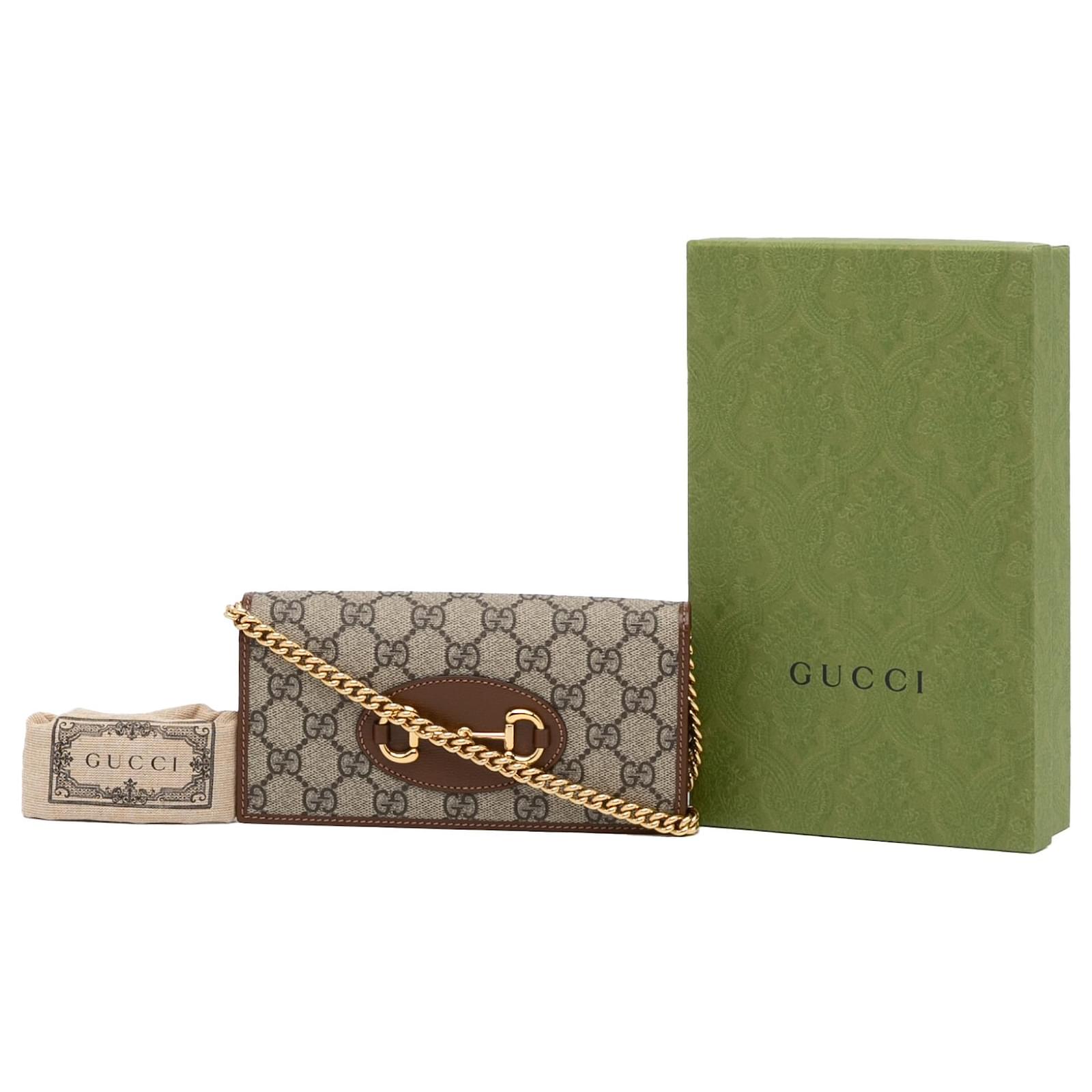 Gucci Brown GG Supreme Horsebit 1955 wallet on chain Leather Cloth  Pony-style calfskin Cloth ref.913285 - Joli Closet