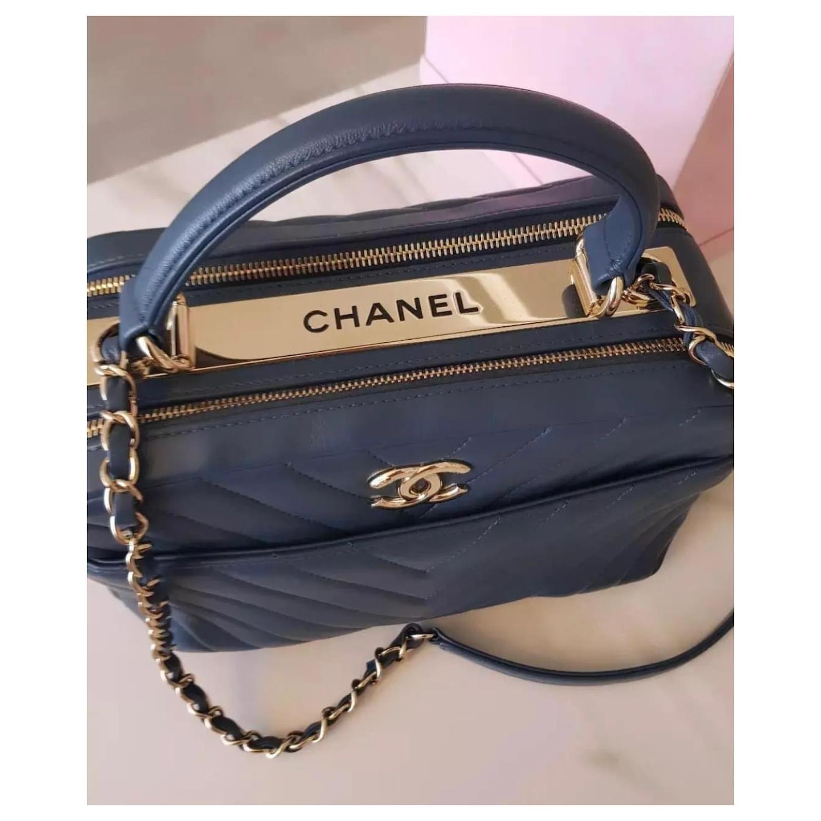 Chanel 2019 Medium Chevron Trendy CC bowling bag in Navy Blue with Gold  Hardware