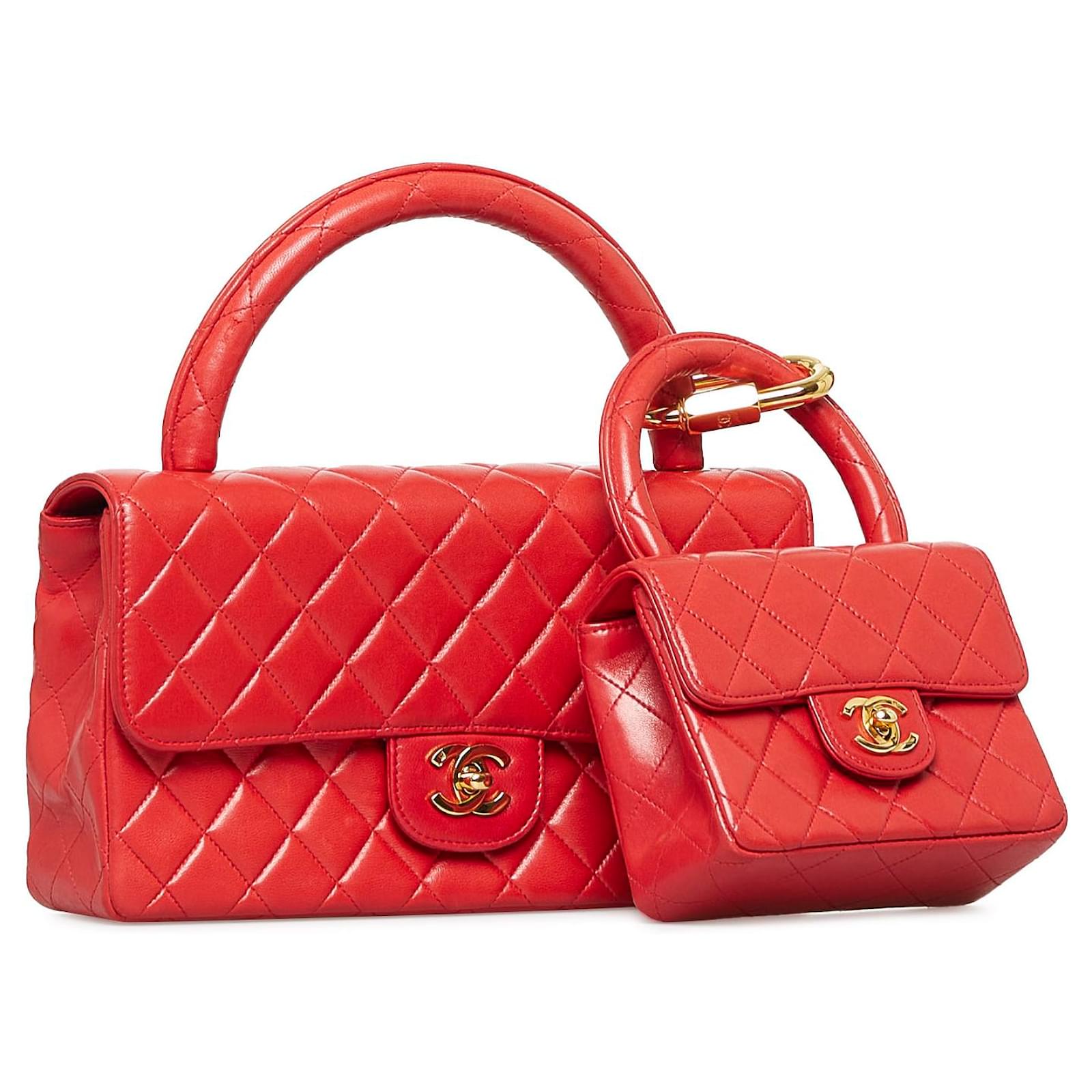 Chanel Red Classic Lambskin Flap Bag Set