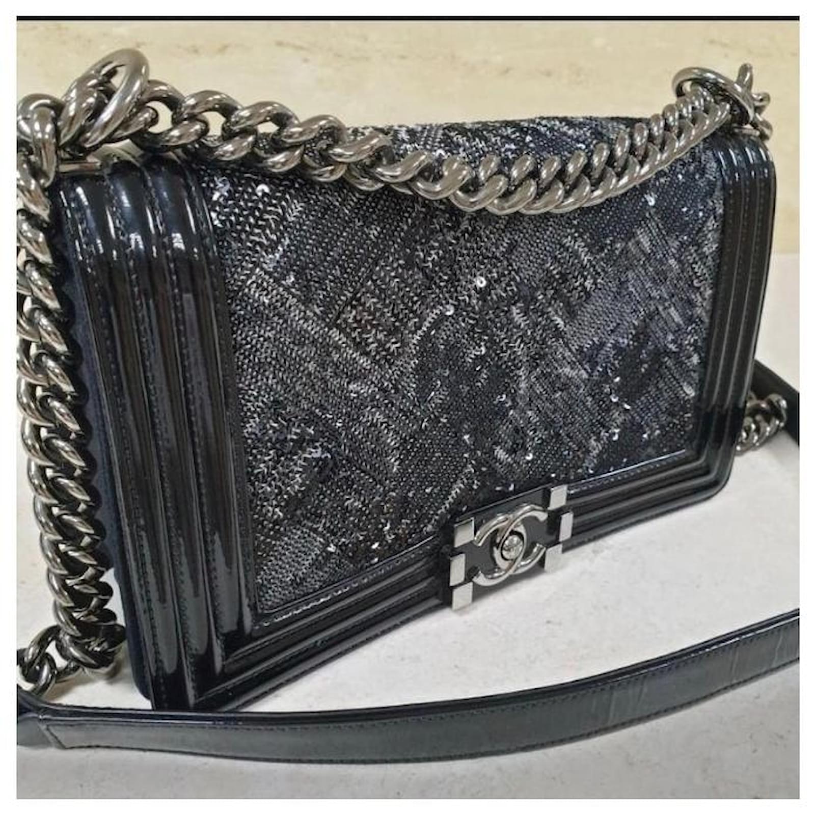 Chanel Boy Sequin Patent Leather Medium Flap Bag Black ref.918557