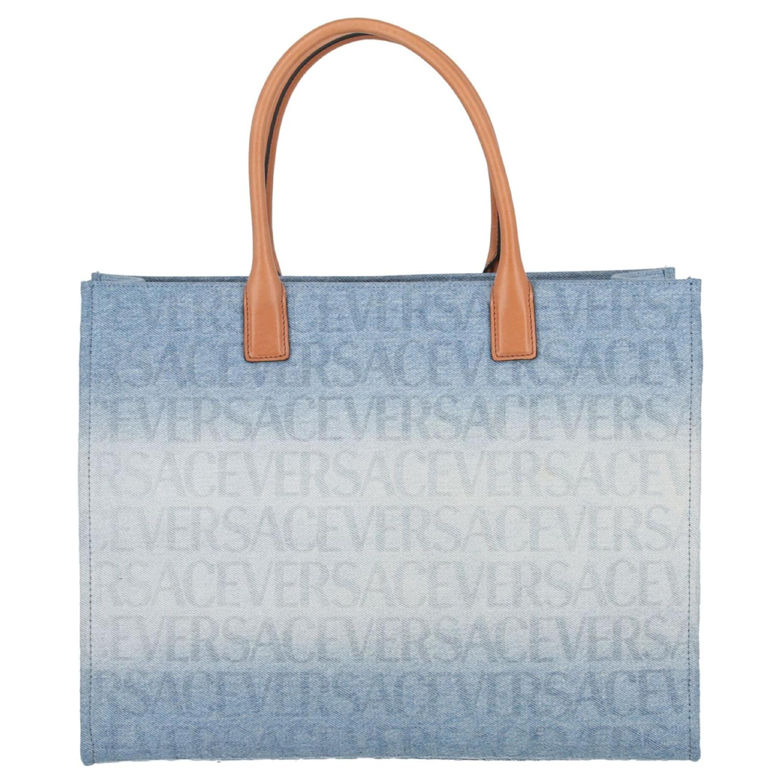 Versace All-Over Logo Large Denim Tote Bag Blue Cotton ref