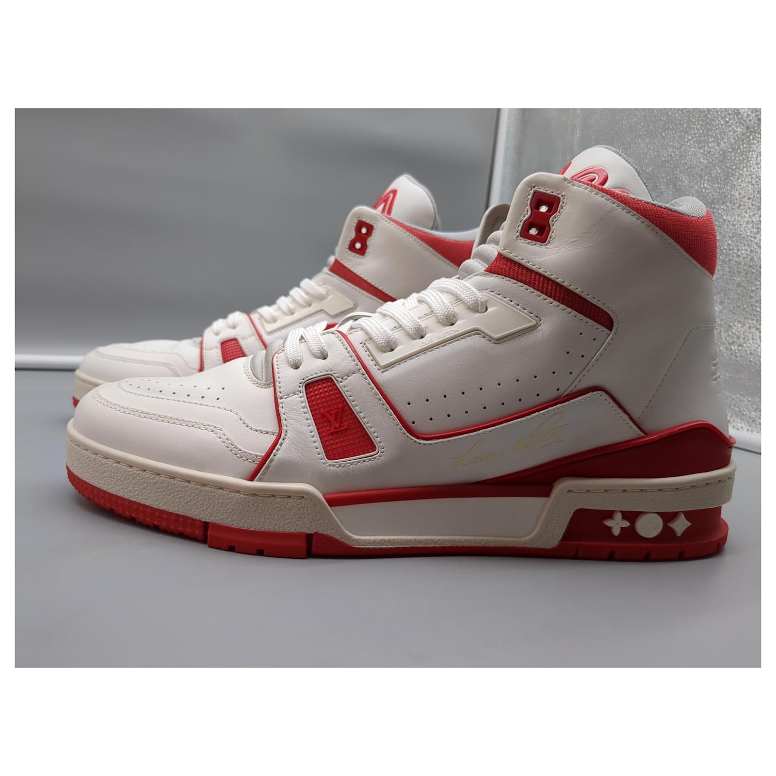 Louis Vuitton LV Trainer Virgil Abloh mid-top sneaker White Red Leather  ref.894741 - Joli Closet
