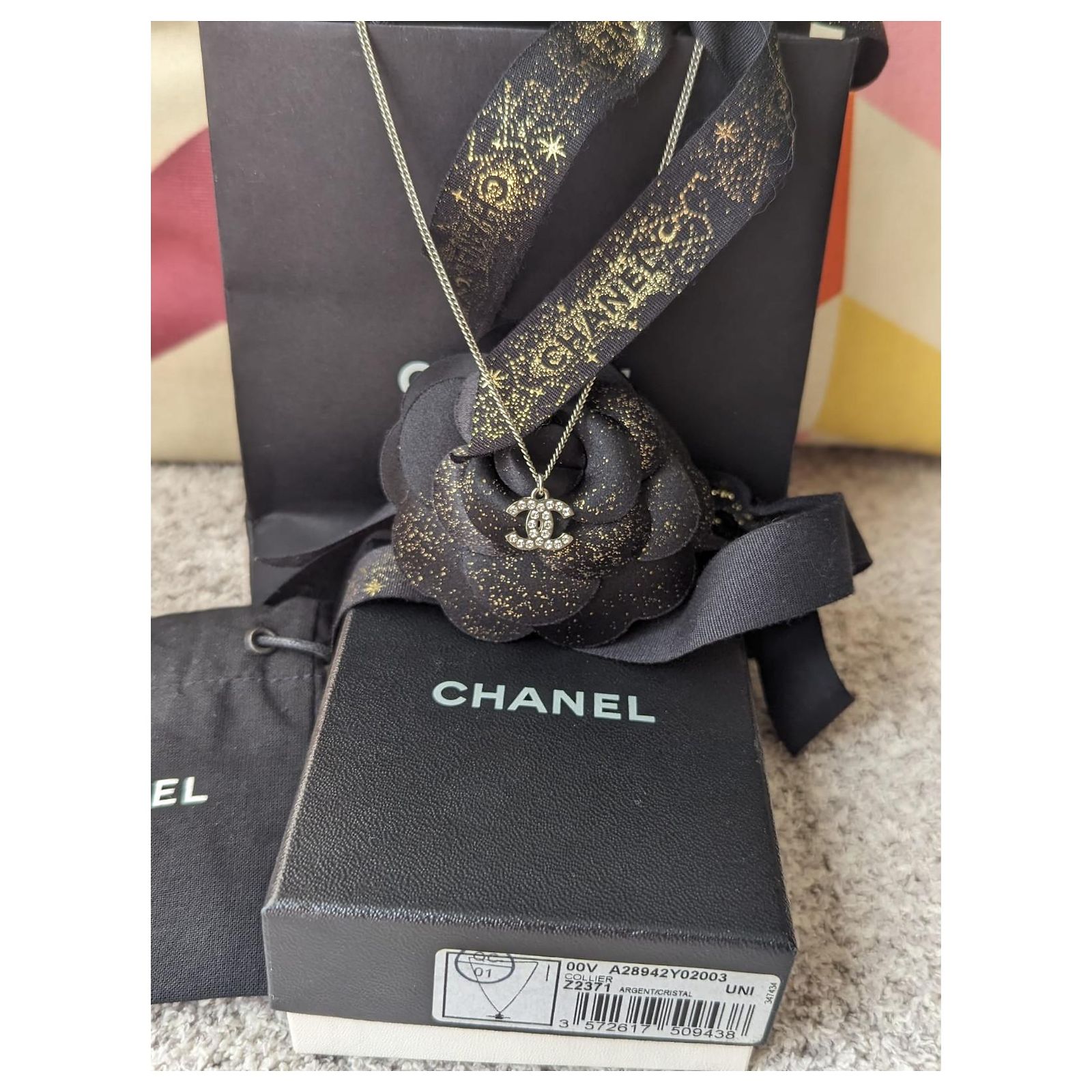 Chanel RARE CC F14V logo classic timeless crystal necklace box tag 
