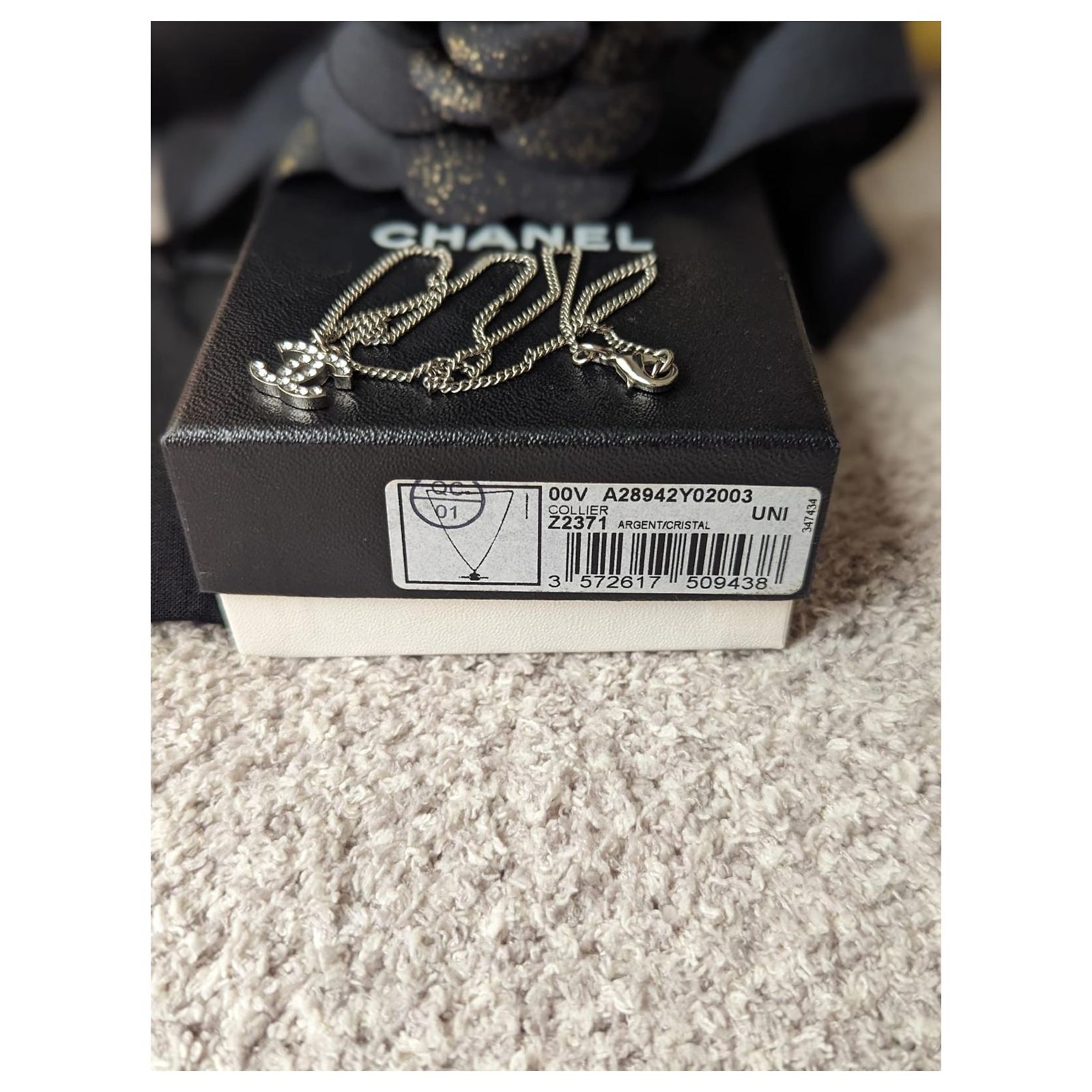 Chanel RARE CC F14V logo classic timeless crystal necklace box tag 