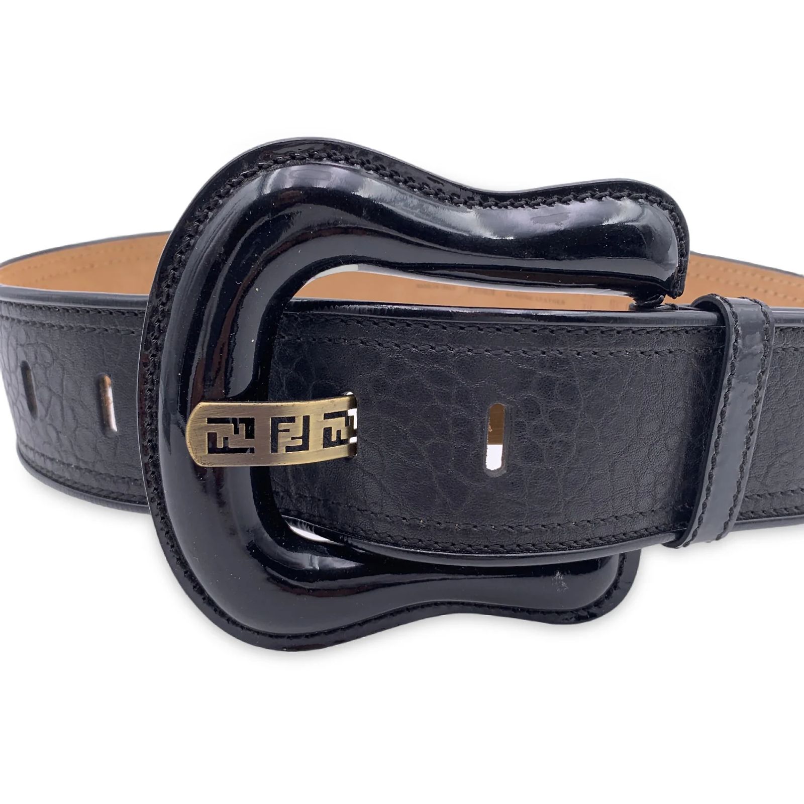 Fendi Black Leather B Buckle Wide Belt Patent Leather Size 