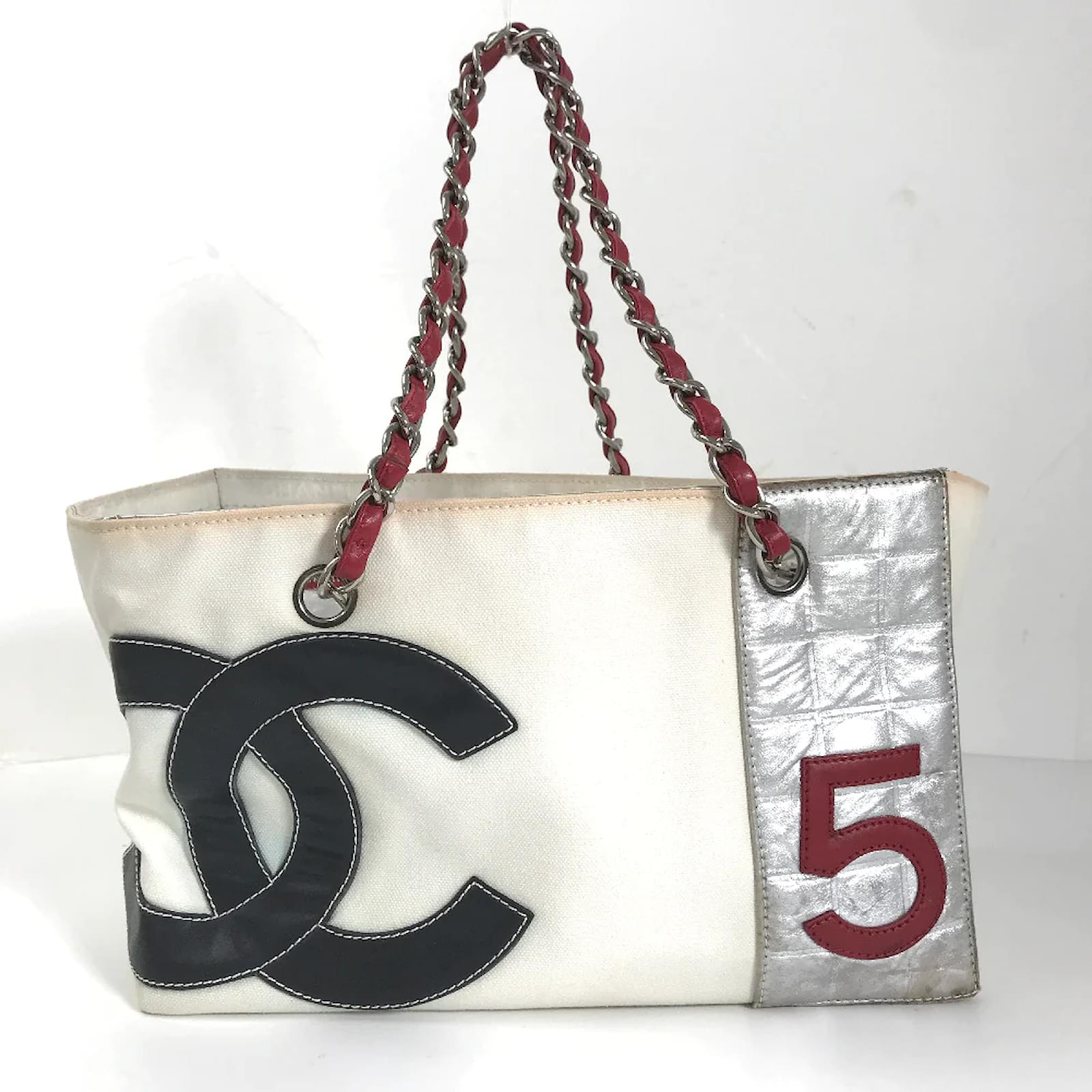 Chanel White & Metallic Canvas No 5 Shopping Tote Q6B0410EWB002