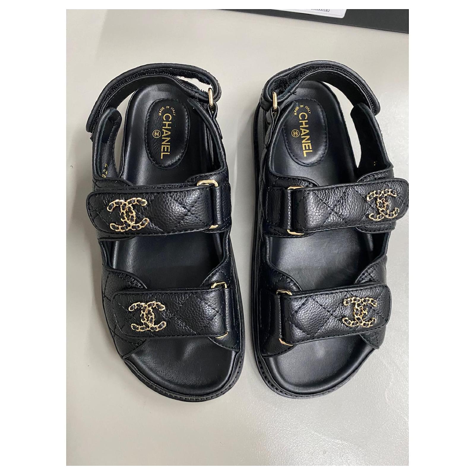 CHANEL Grained Calfskin Velcro Dad Sandals 37.5 Black 1277995