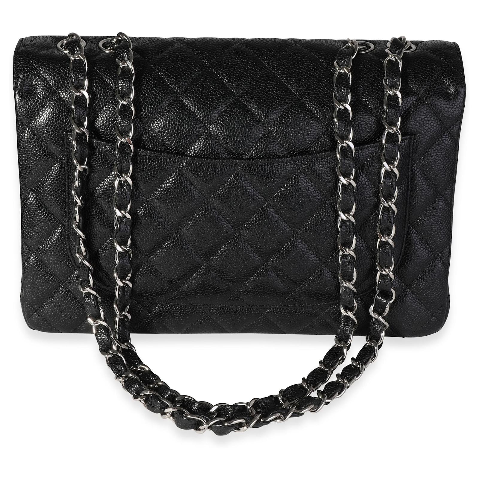 Chanel Black Quilted Caviar Jumbo Classic Double Flap Bag Silver
