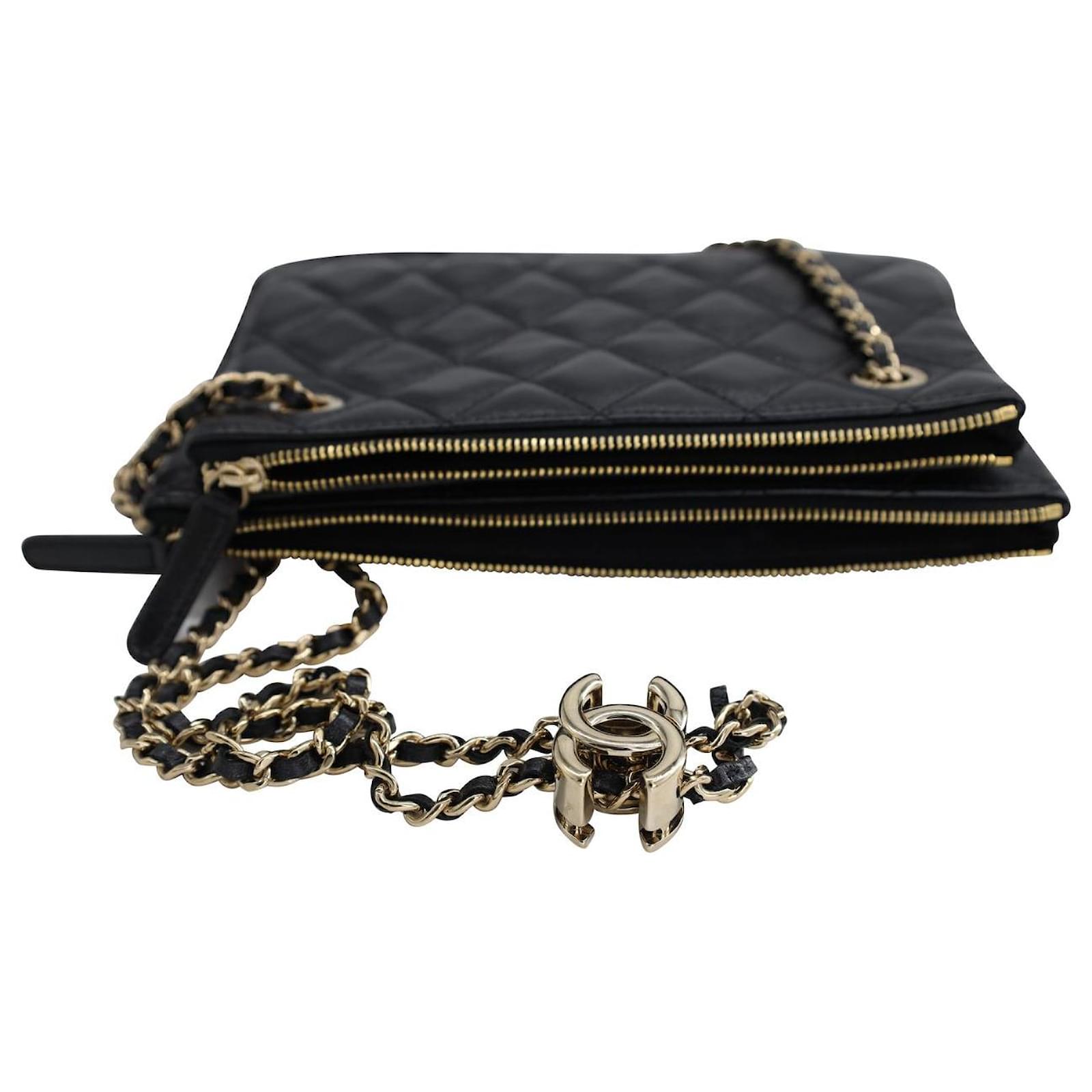 New 18P Chanel Black CC Double Zip Clutch Wallet on Chain WOC