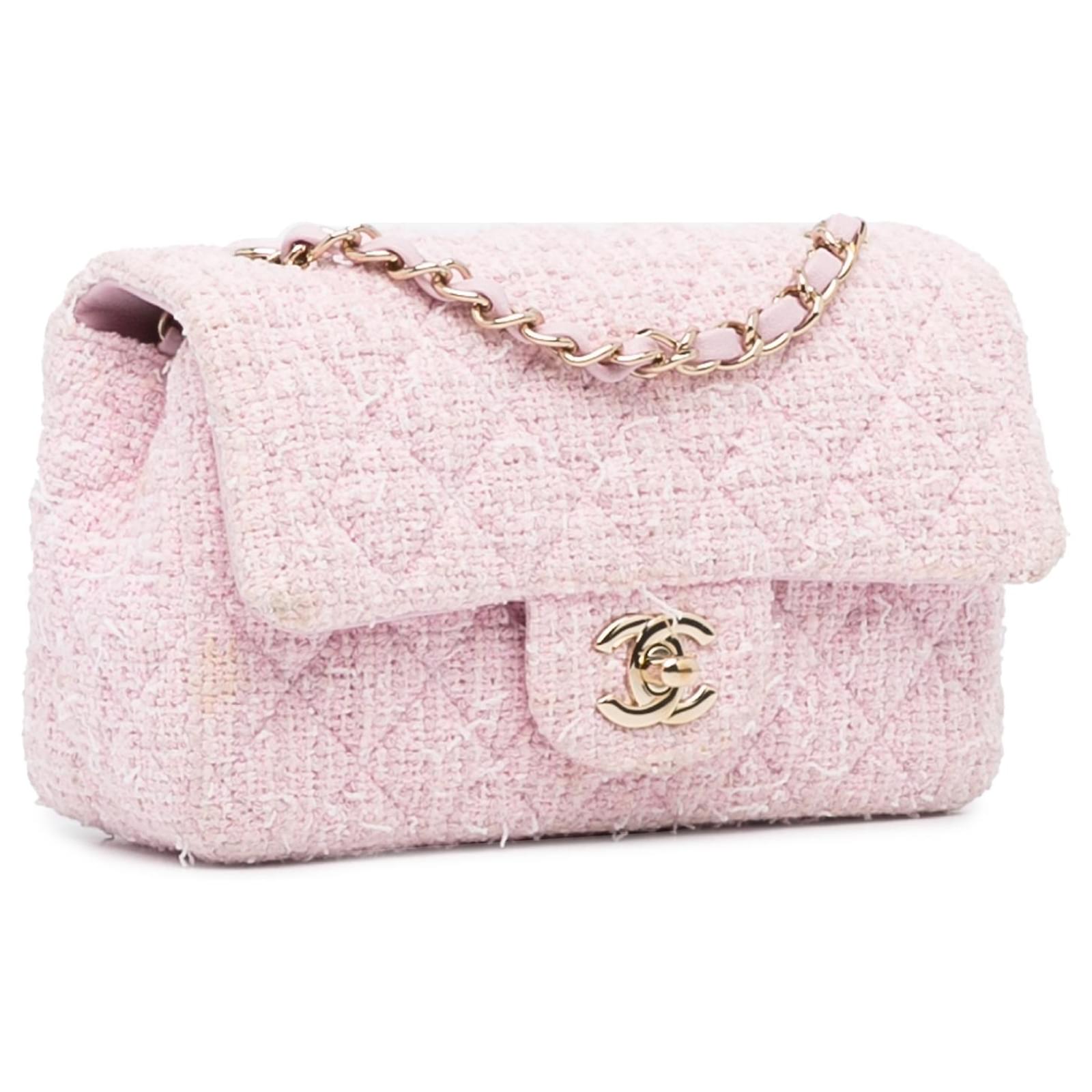 CHANEL Tweed Quilted Mini Rectangular Flap Light Pink White | FASHIONPHILE