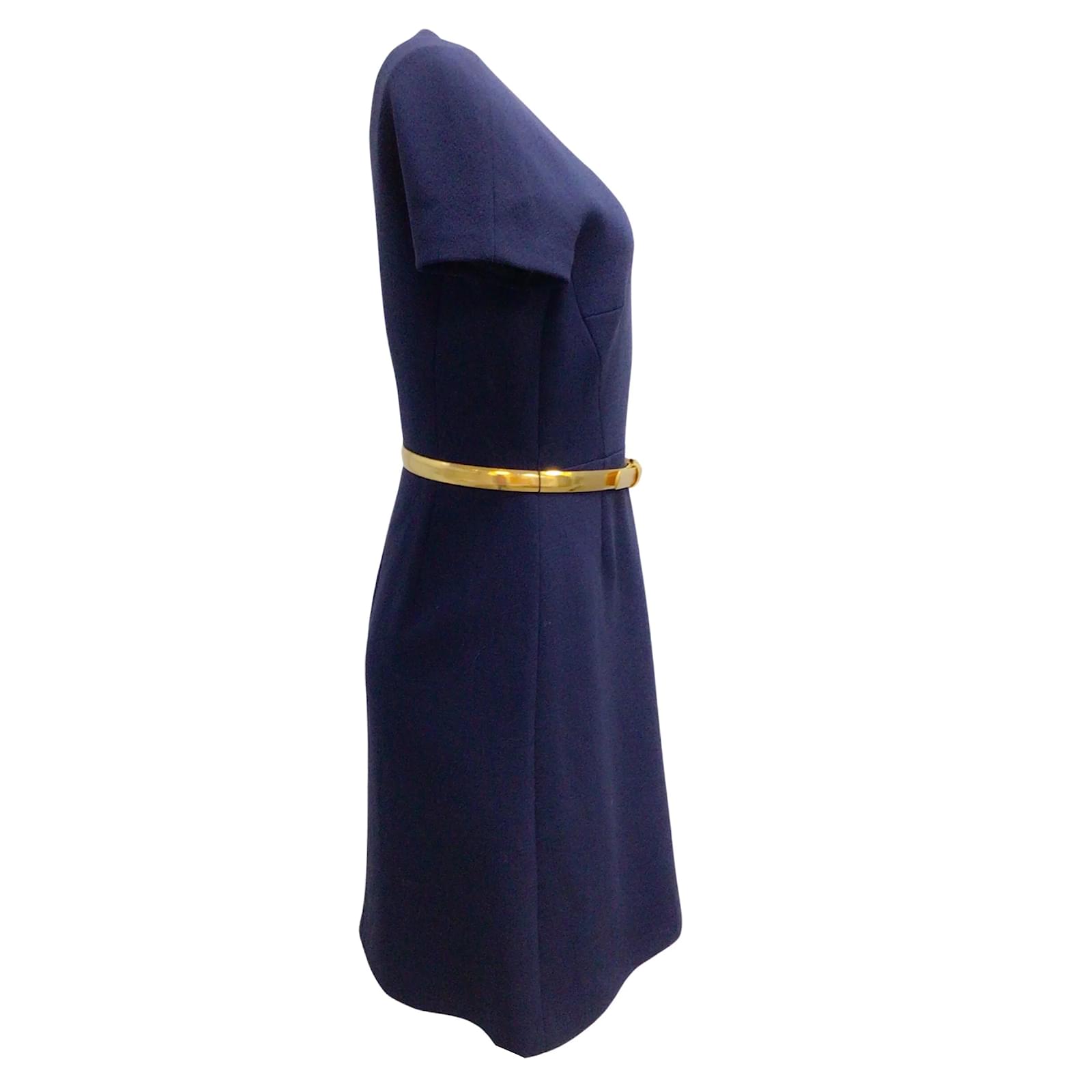 Michael Kors Collection - Navy Blue & Gold Metallic Belted Midi Dress