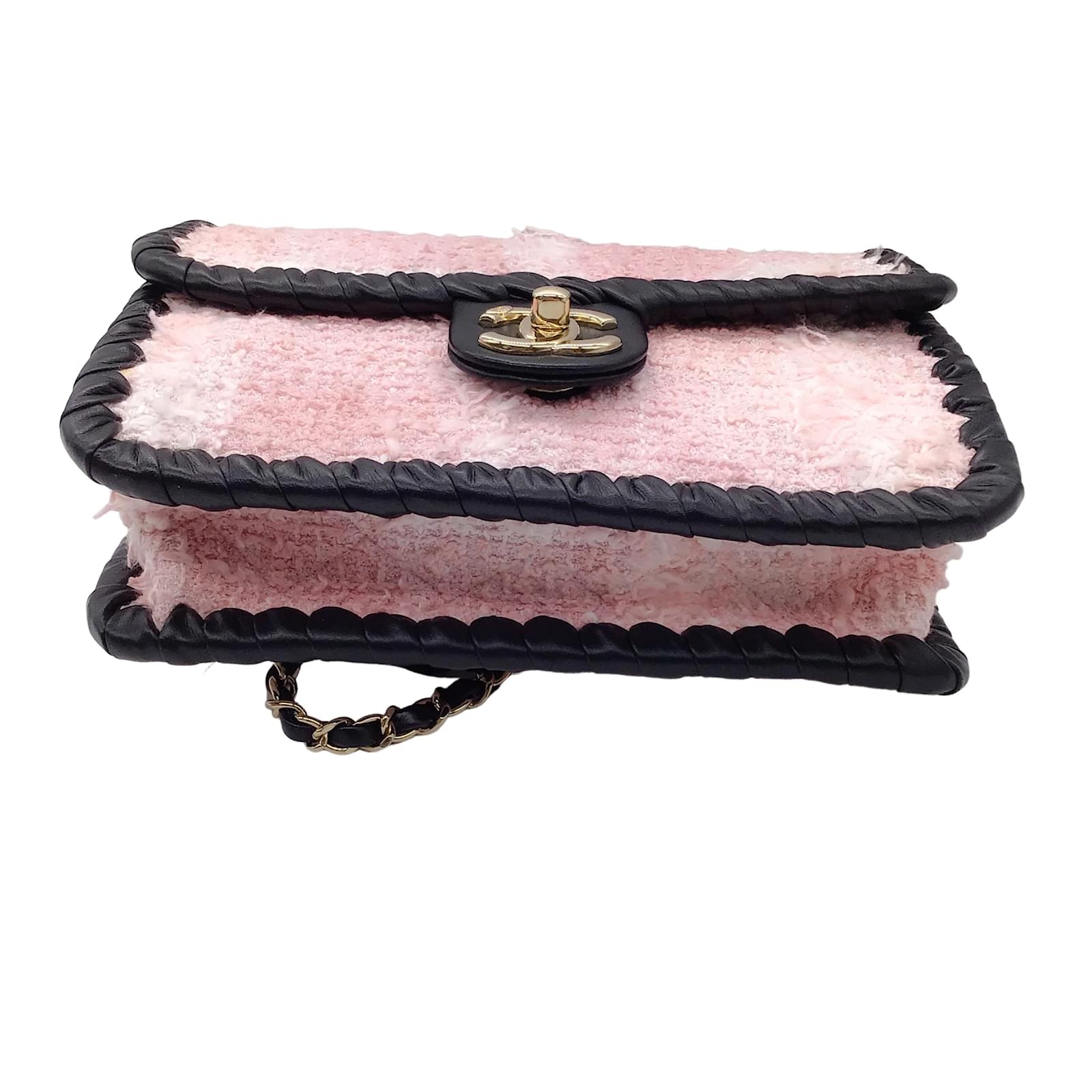 Chanel Pink / Black My Own Frame Leather Trimmed Quilted Tweed Flap Bag