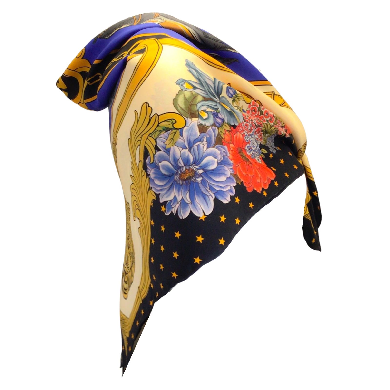 Gucci Vibrant Blue and Gold Artistic Scarf Gucci Blue / Gold / Black Multi Horse Print Square Silk  main image 2