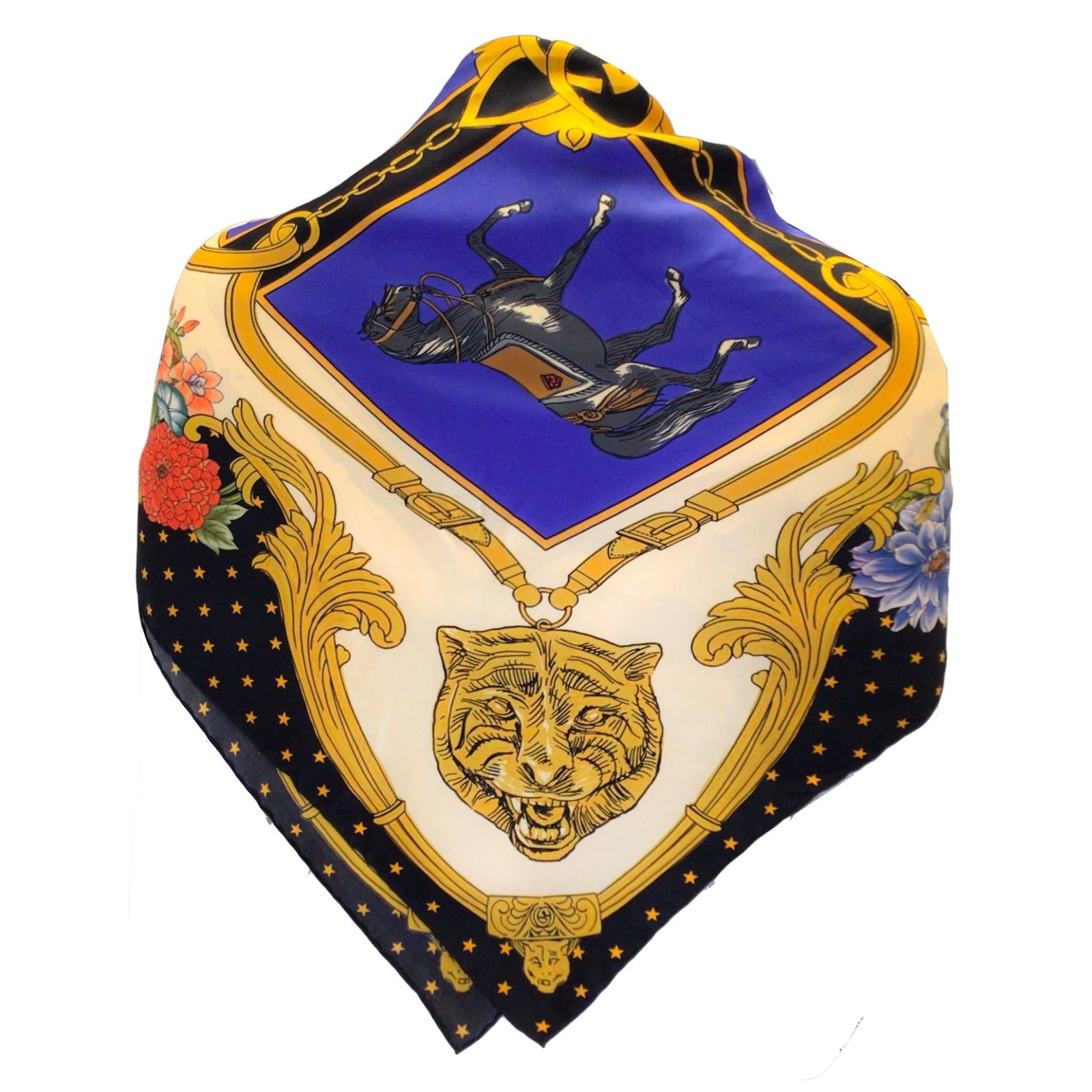 Gucci Blue / Gold / Black Multi Horse Print Square Silk 