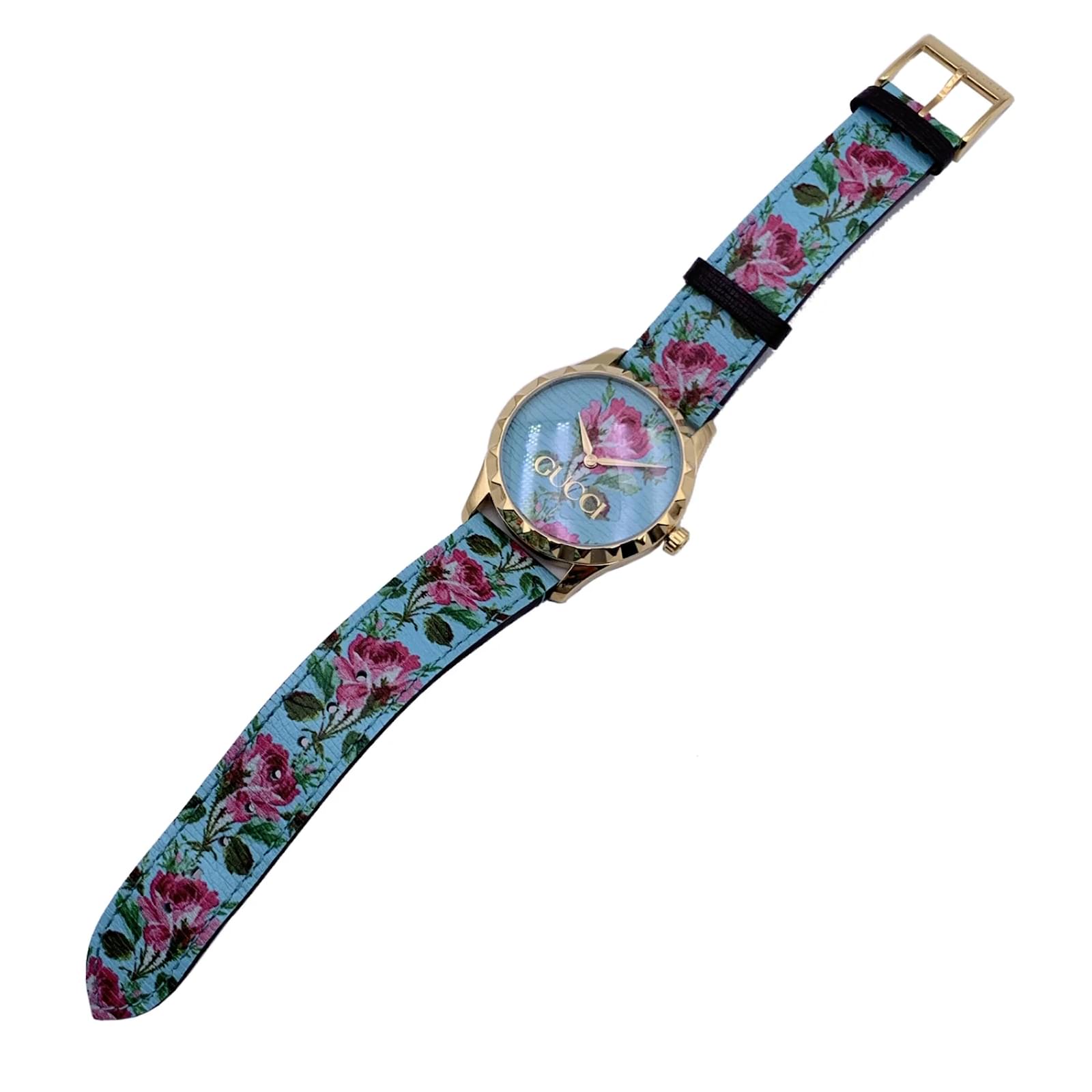 Gucci G Timeless Aqua Floral Print Leather Dial 126.4 wrist watch Blue Steel ref.945906 Joli Closet