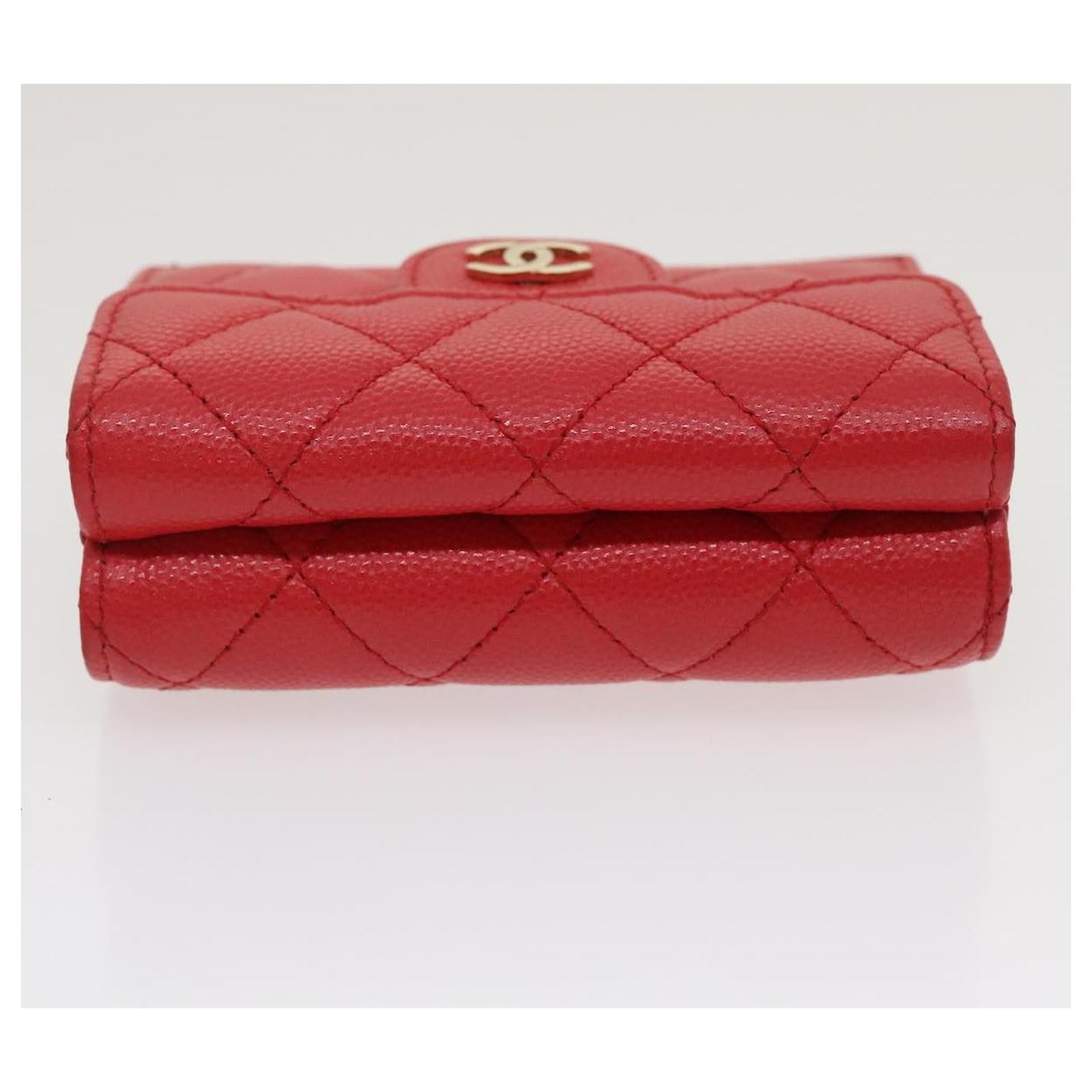 CHANEL Caviar Skin Matelasse Wallet Pink Red CC Auth 18734A