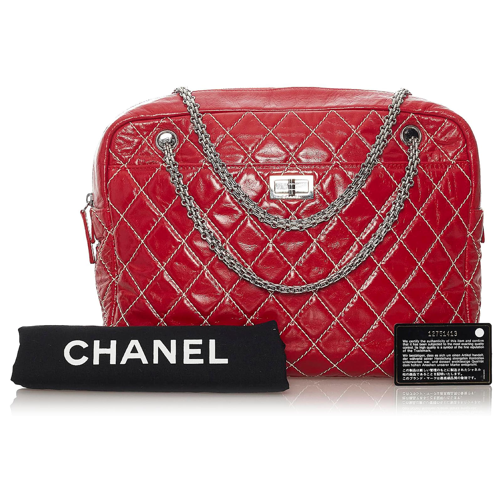 Chanel Red Quilted Patent Leather Small Just Mademoiselle Bowling Bag Chanel