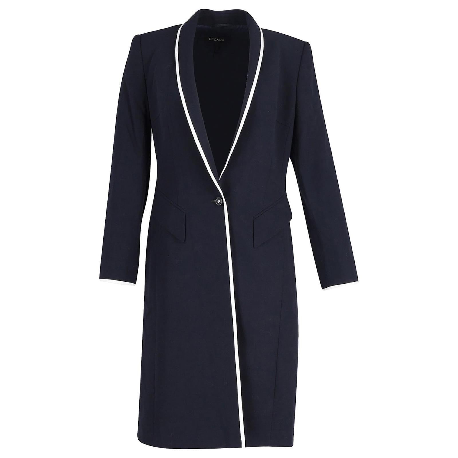 Escada Contrast Piping Long Coat in Navy Wool Blue Navy blue ref.951724