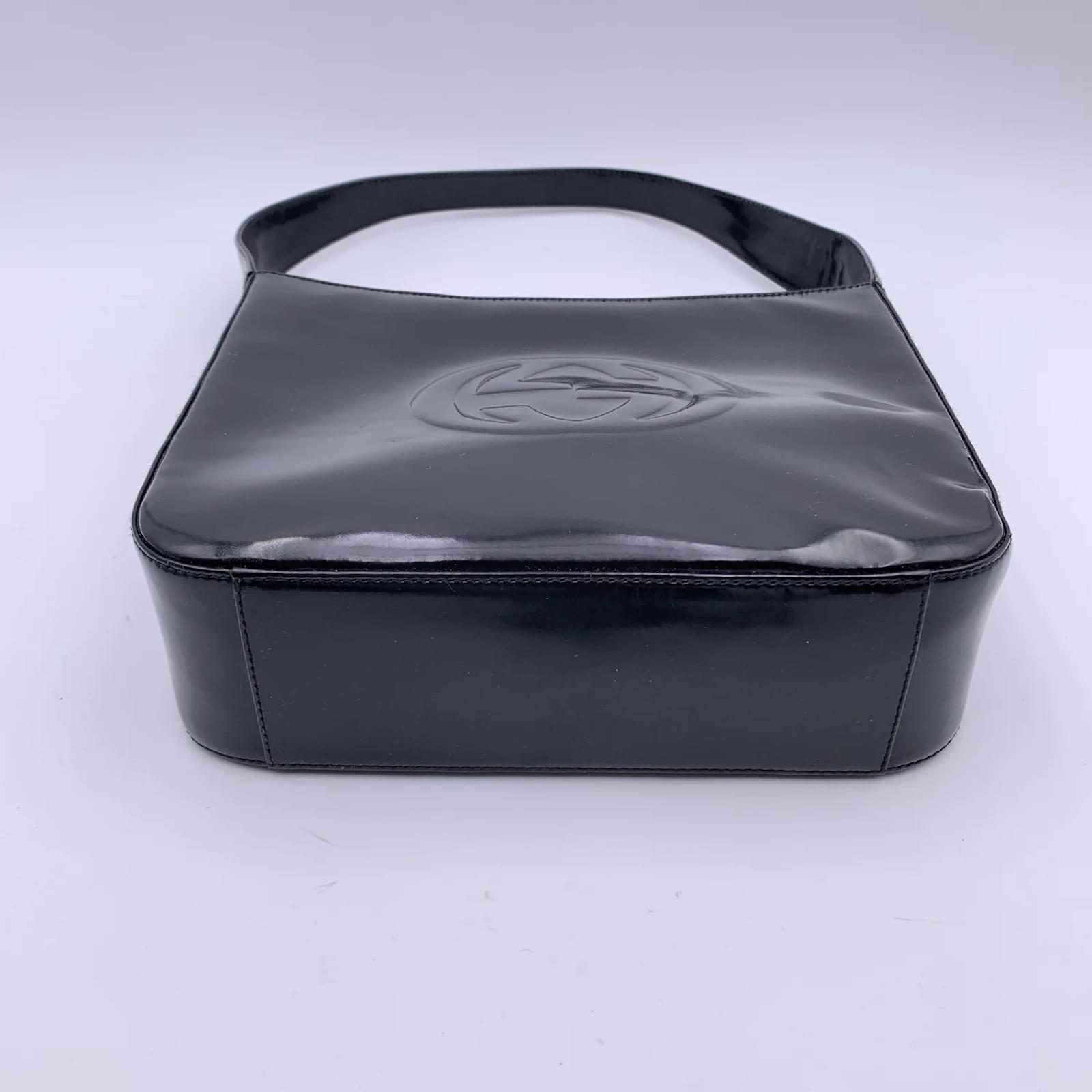 Gucci Vintage Black Patent Leather Structured GG Logo Shoulder Bag