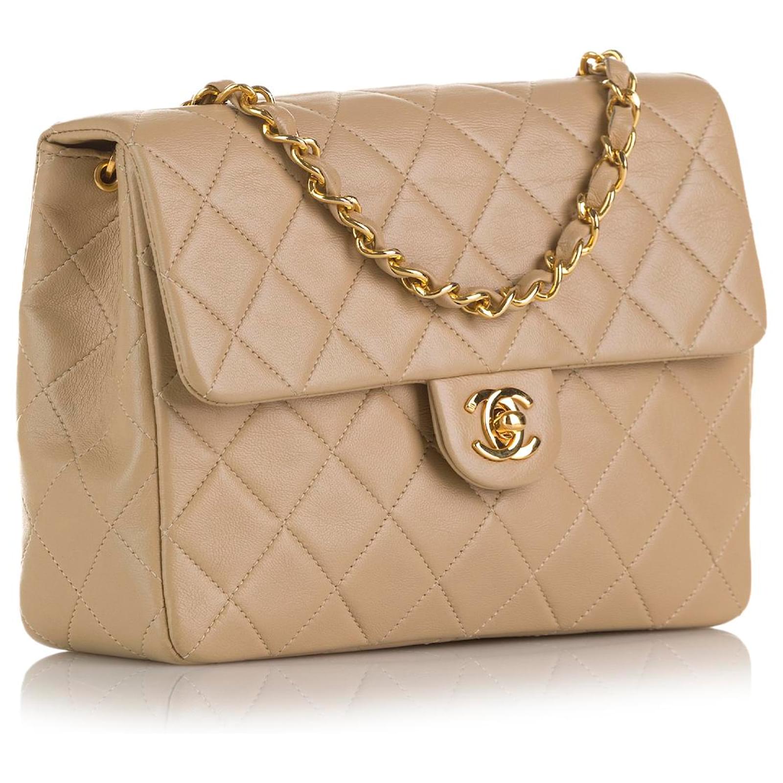 Chanel Brown Mini Classic Square Lambskin Single Flap Bag Beige