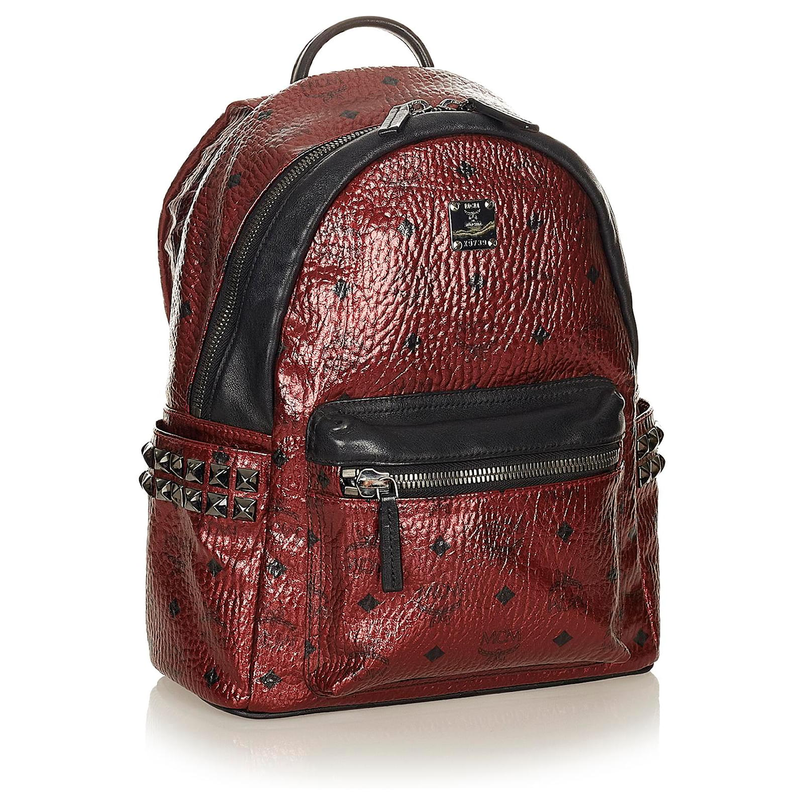 MCM Red Mini Visetos Leather Backpack Black Pony style calfskin